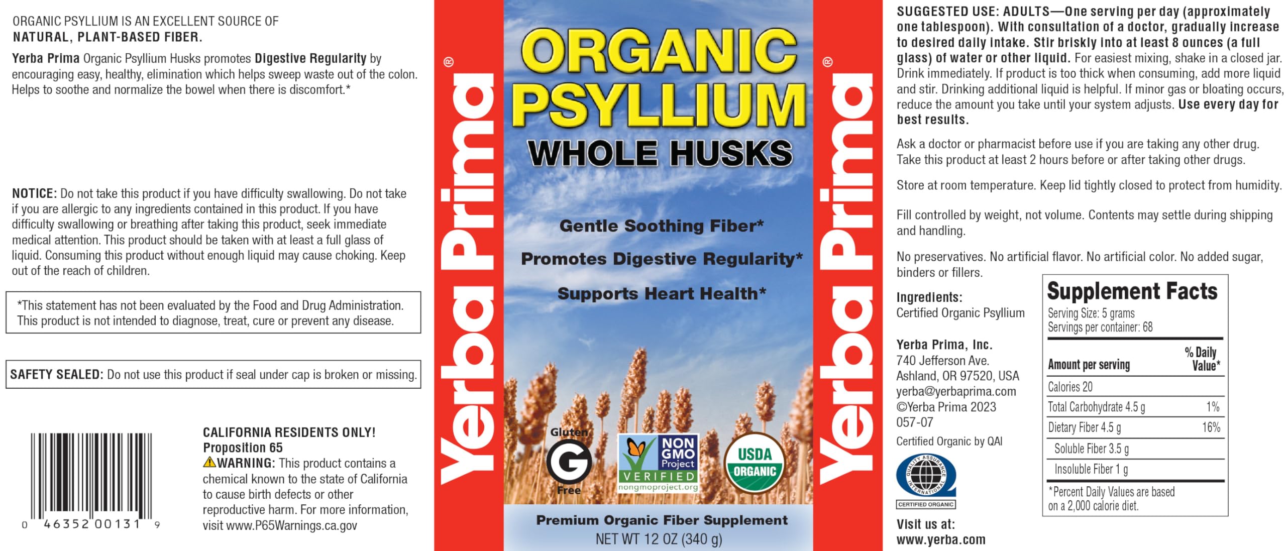 Yerba Prima Organic Psyllium Husk Powder 862g nutritional information