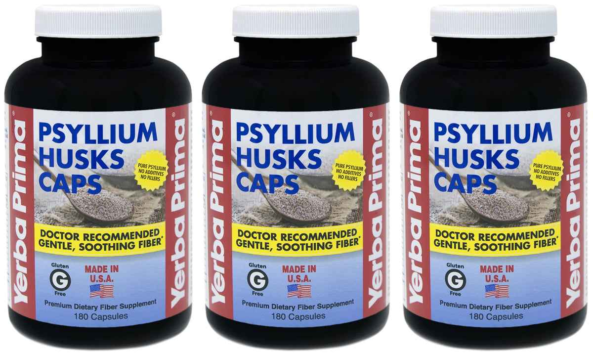 Yerba Prima Psyllium 3 bottles of 180 capsules each front view