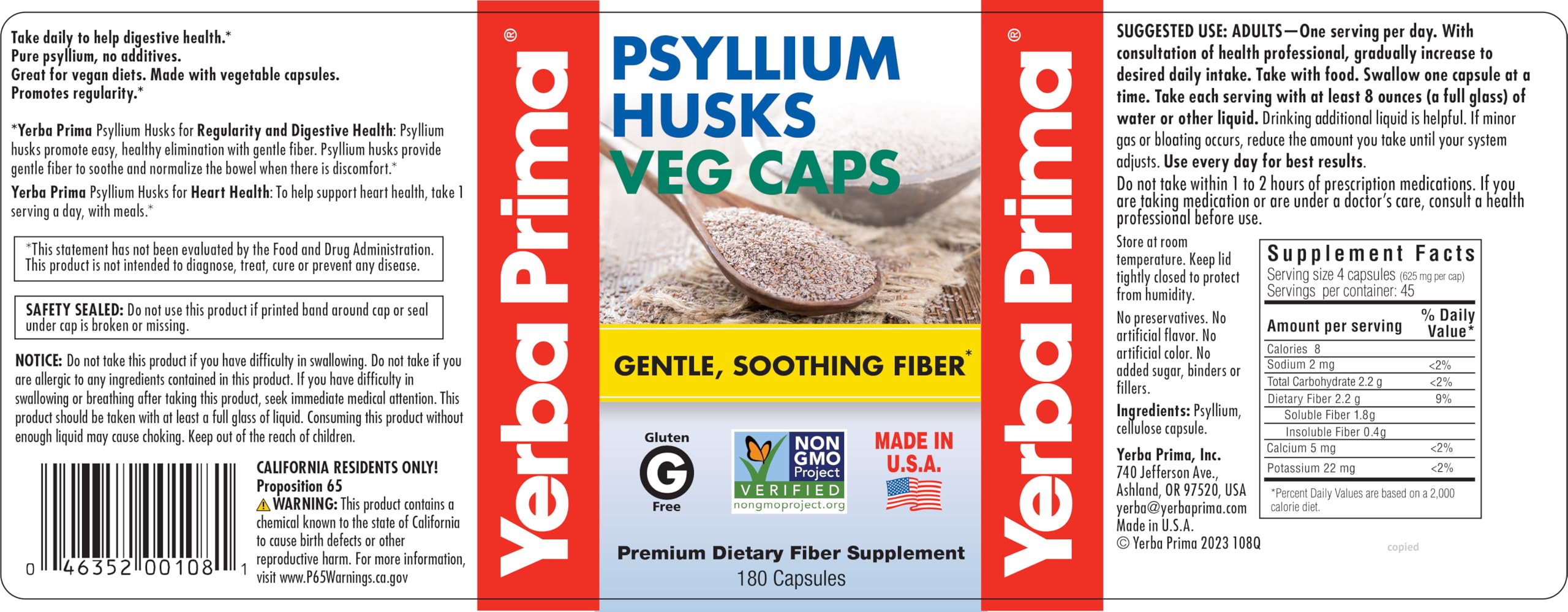 Yerba Prima Psyllium Husk Capsules 625mg bottle back view