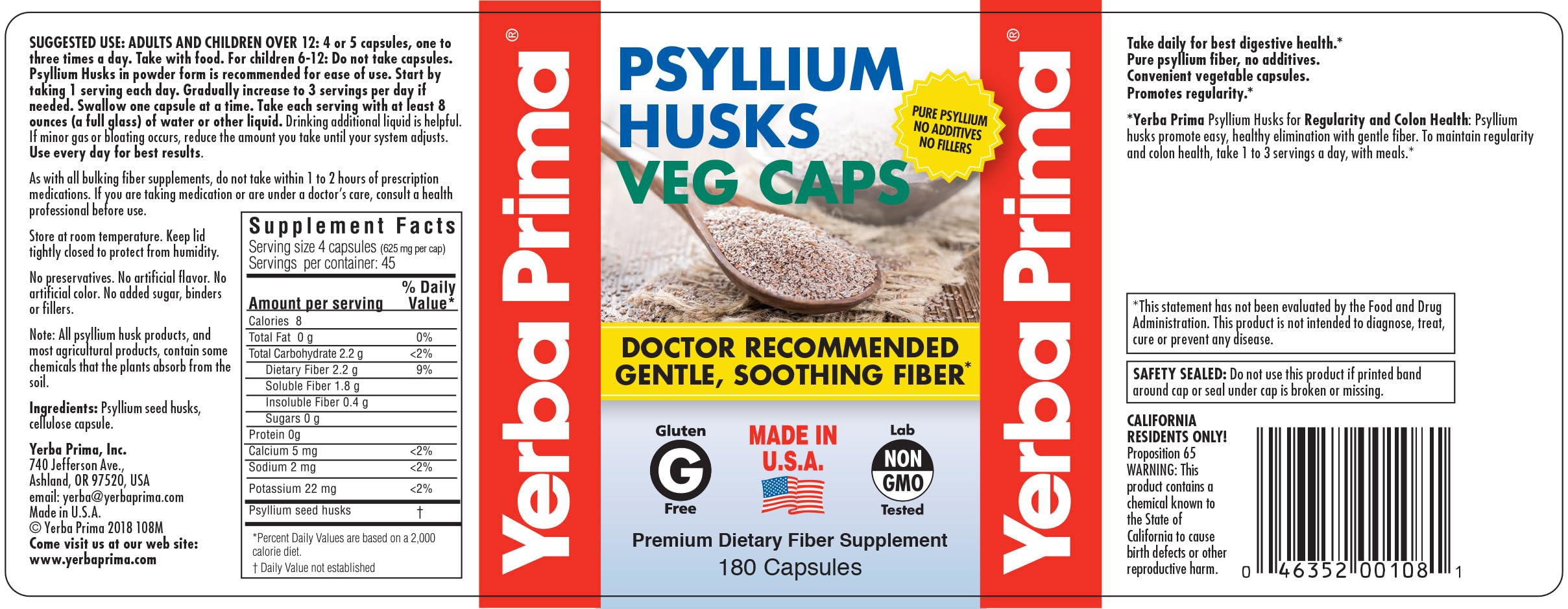 Yerba Prima Psyllium Husk Capsules 625mg capsules on a wooden surface