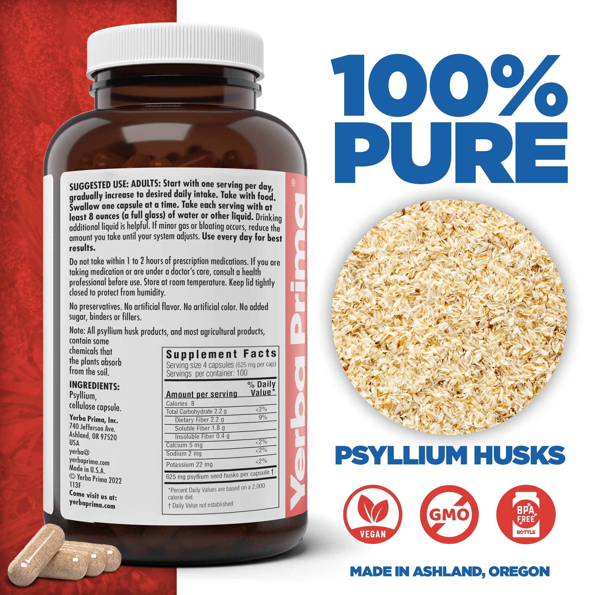 Yerba Prima Psyllium Husk Capsules 625mg side view