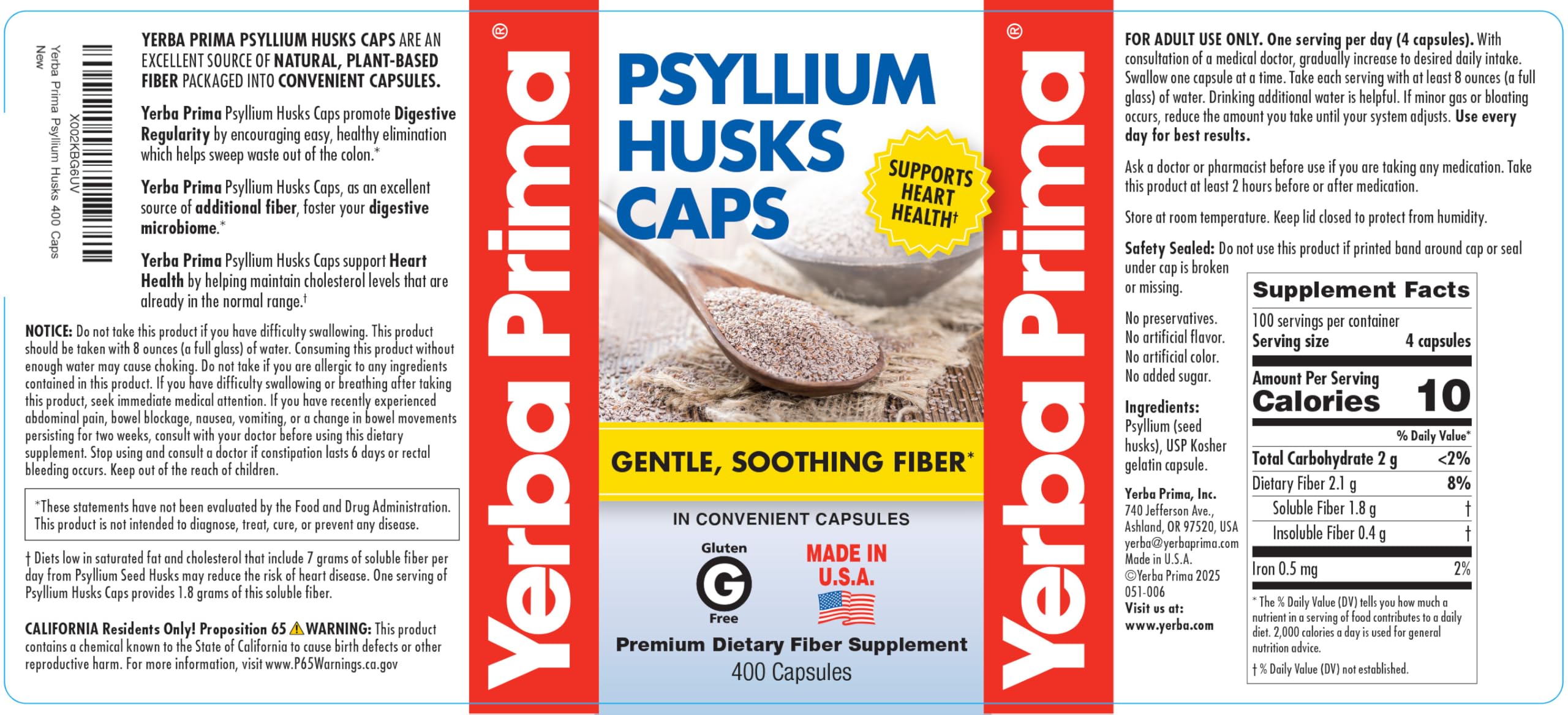 Yerba Prima Psyllium Husk Capsules in hand for size comparison