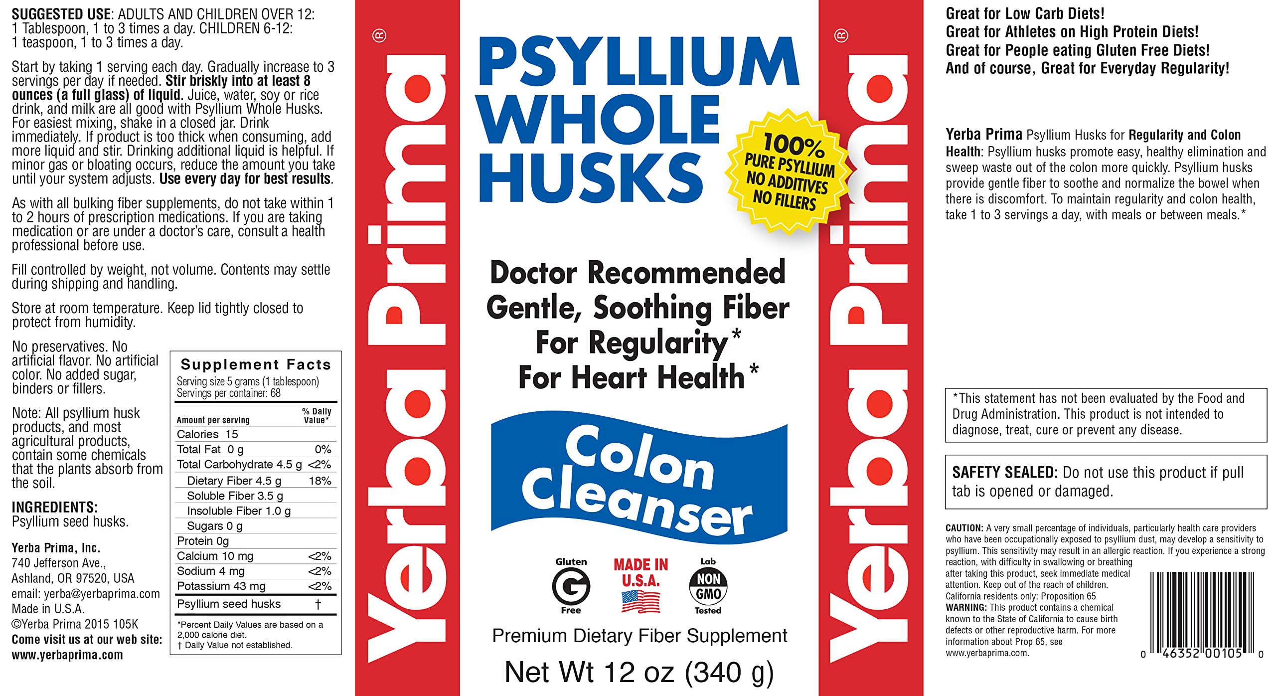 Yerba Prima Psyllium Whole Husk packaging details