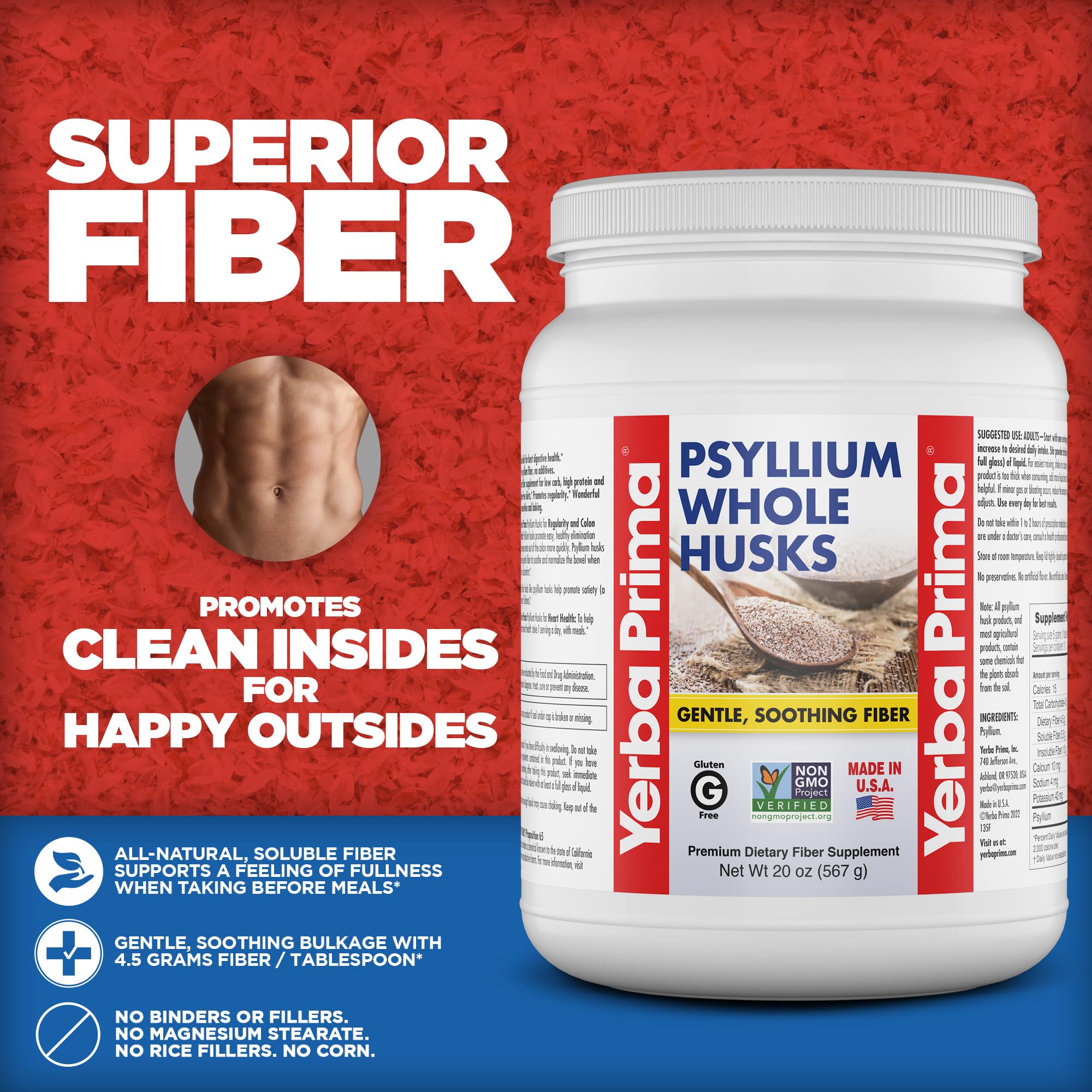 Yerba Prima Psyllium Whole Husks 20 oz open package showing the husks