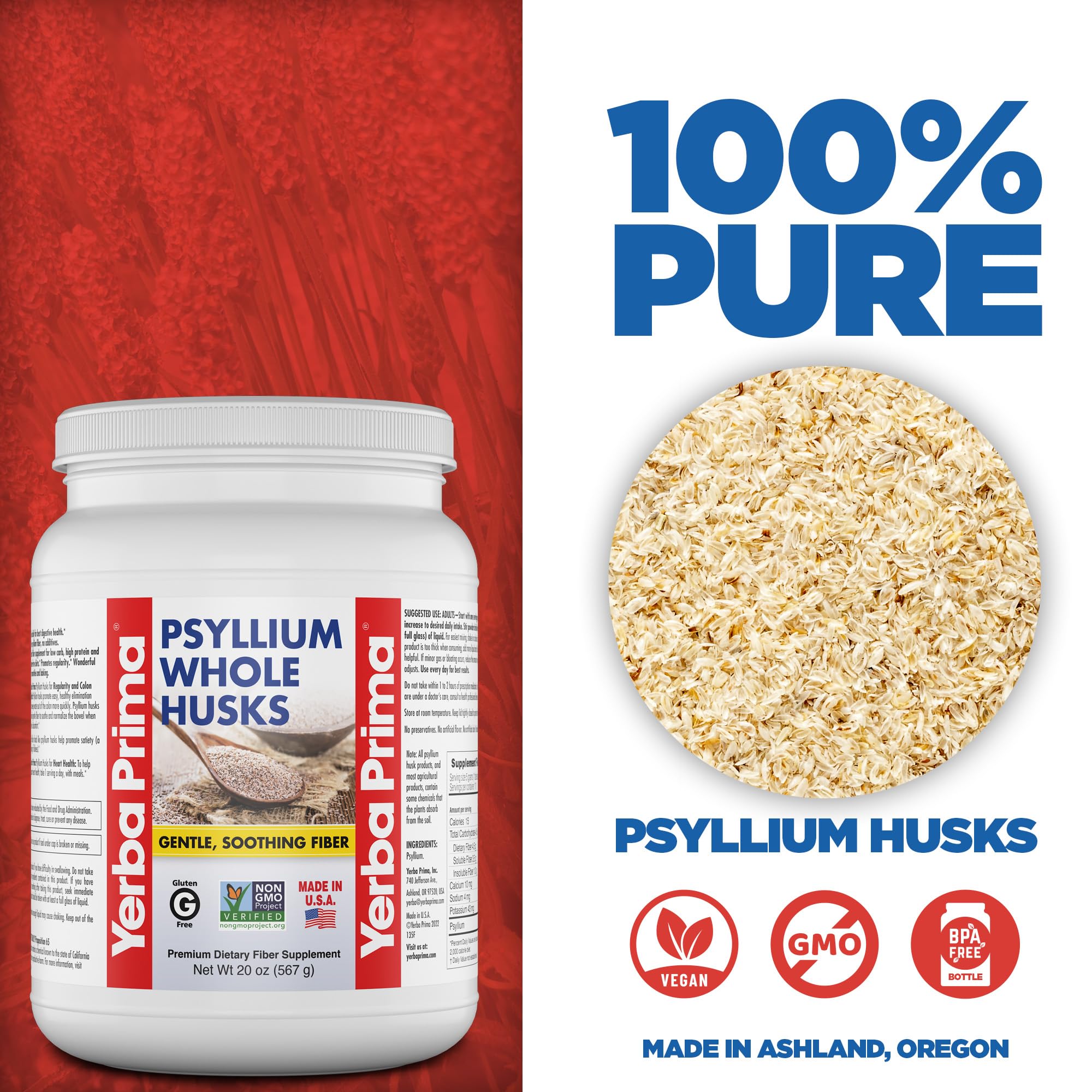 Yerba Prima Psyllium Whole Husks 20 oz side view with nutritional information