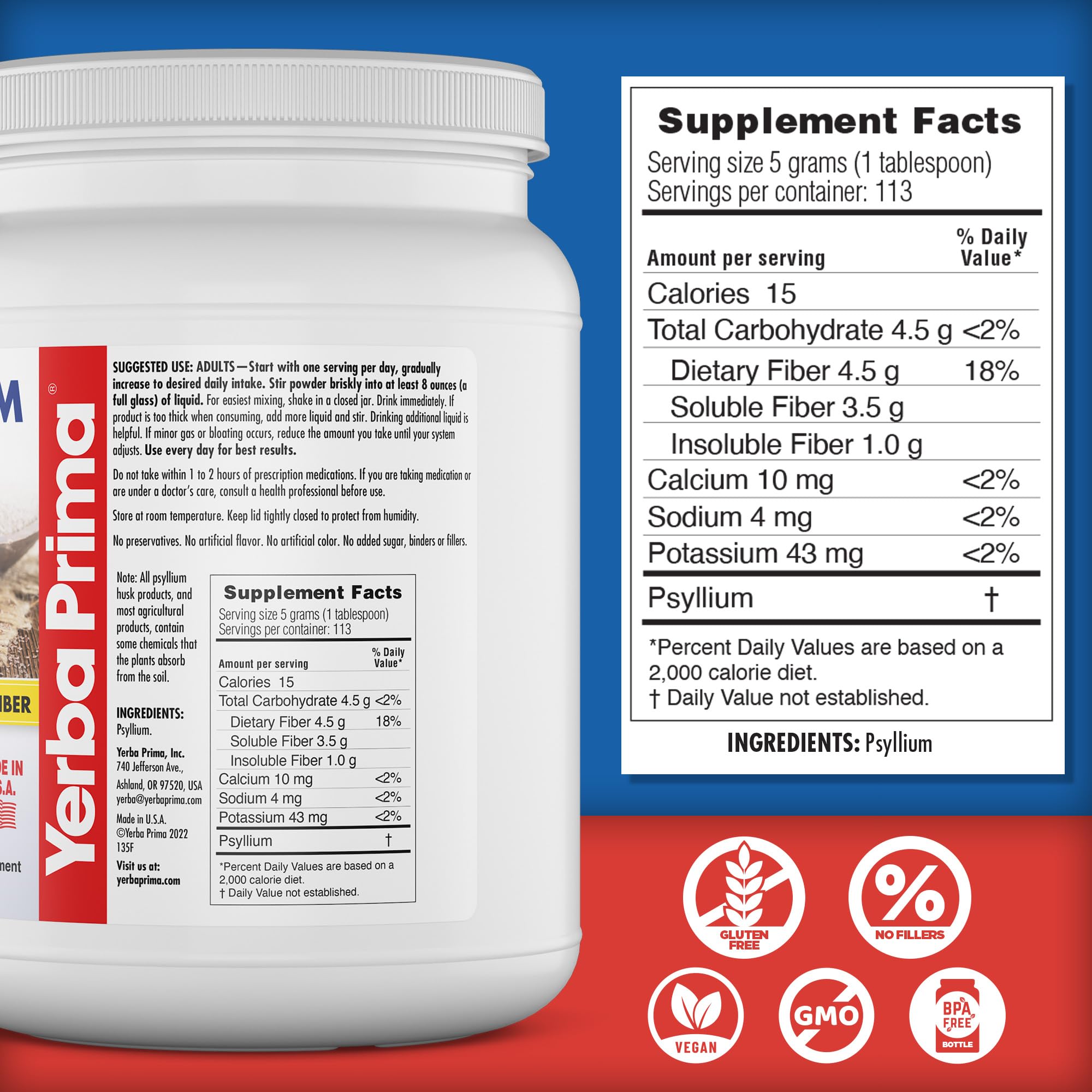 Yerba Prima Psyllium Whole Husks 20 oz with a spoonful of husks