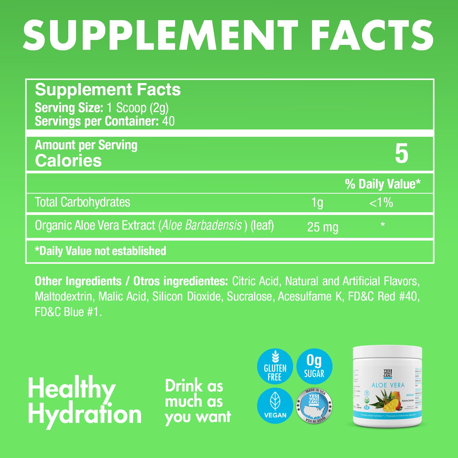 Yes You Can! Aloe Vera Drink Mix with ice cubes