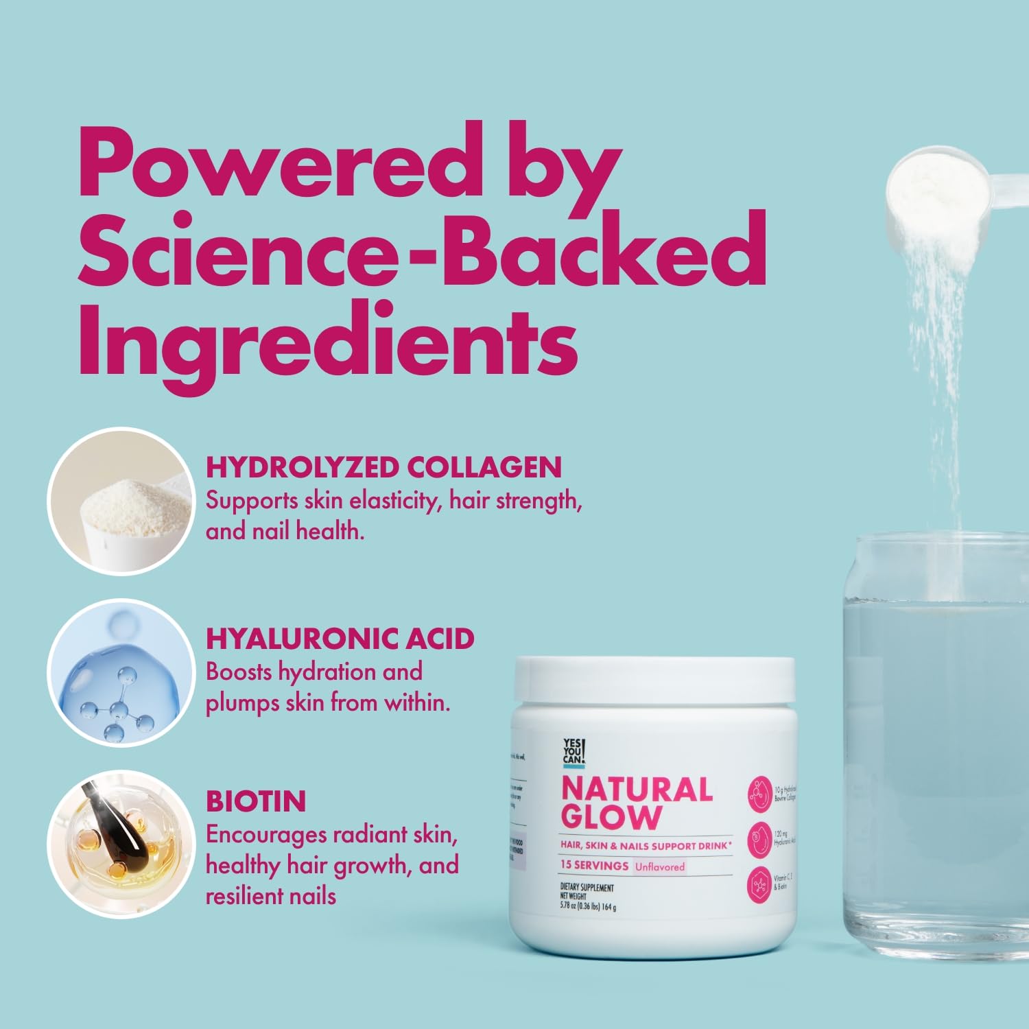 Yes You Can! Natural Glow Collagen powder mixed in a glass of water