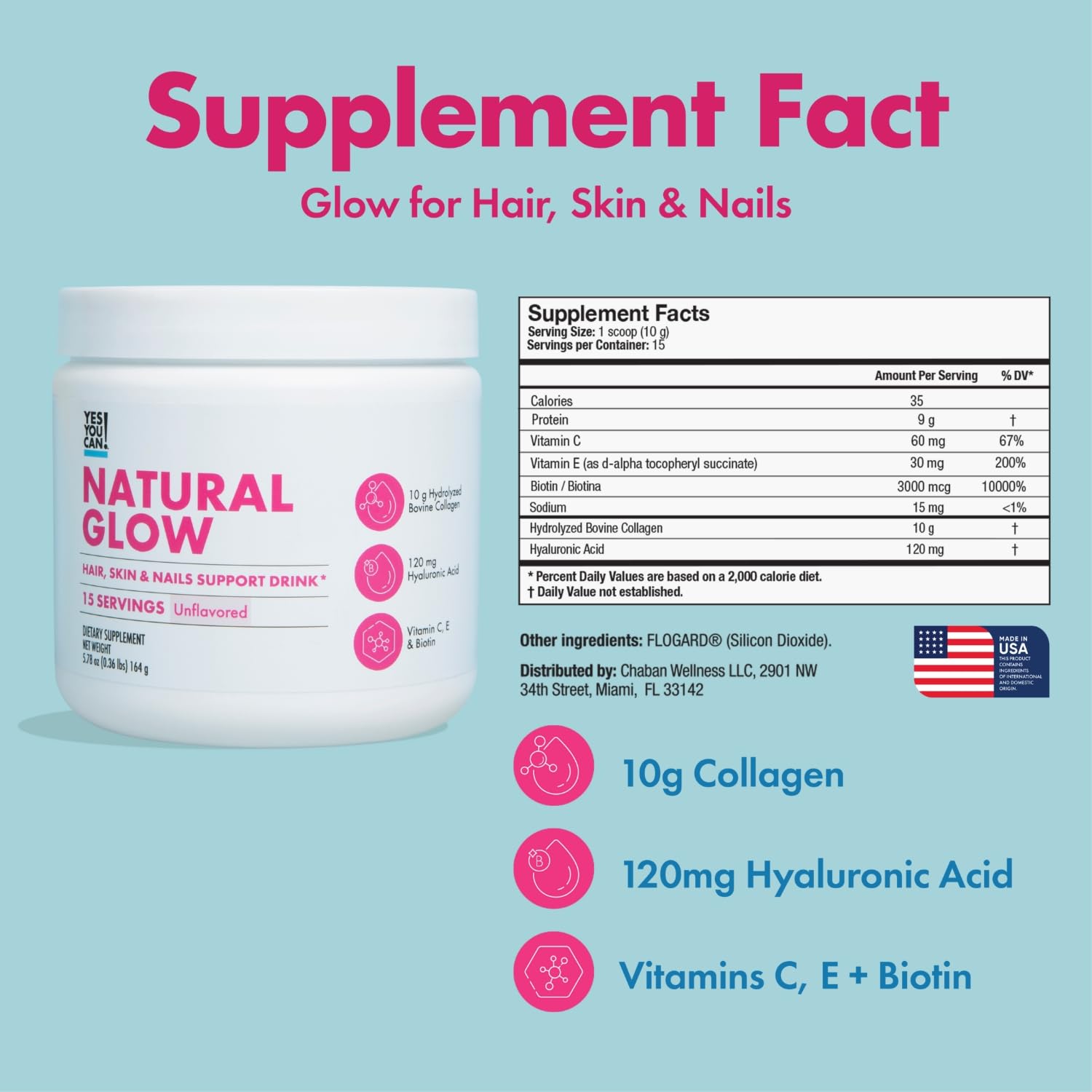 Yes You Can! Natural Glow Collagen powder side view packaging