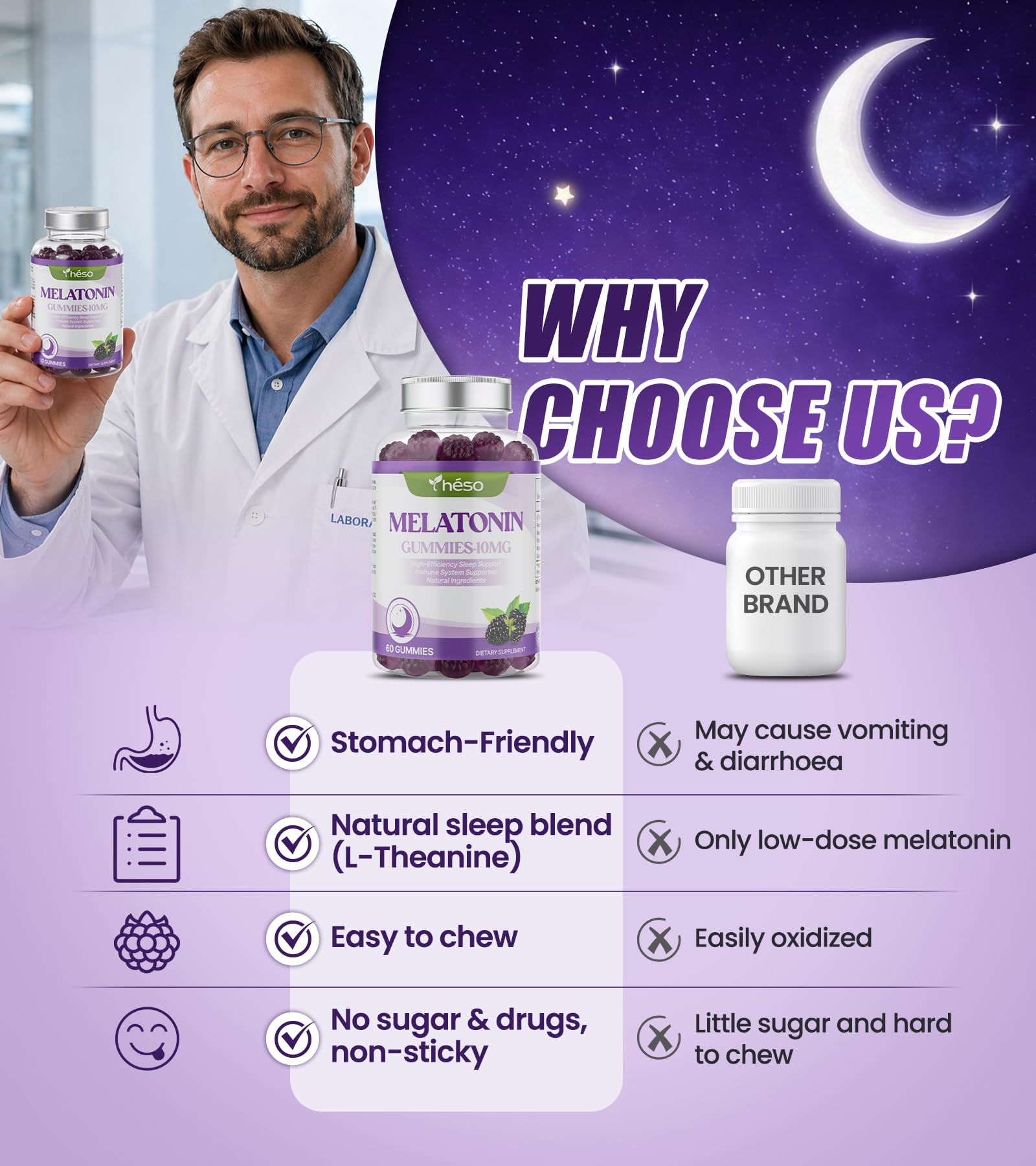 Yheso Sugar-Free Melatonin Gummies 10mg on a wooden table