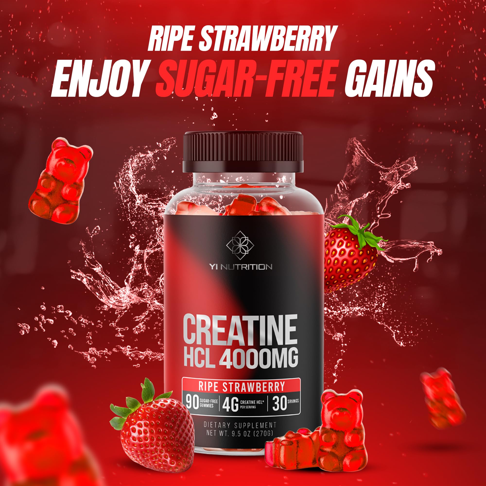 Yi Nutrition Creatine HCL Gummies Strawberry flavour with a measuring scoop