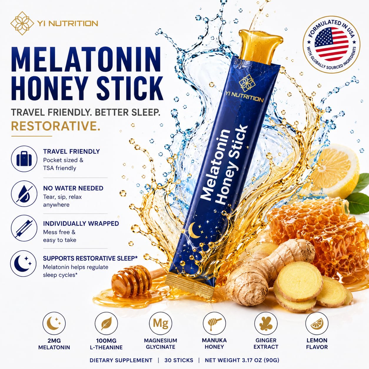 Yi Nutrition Melatonin Honey Sticks showing individual packets