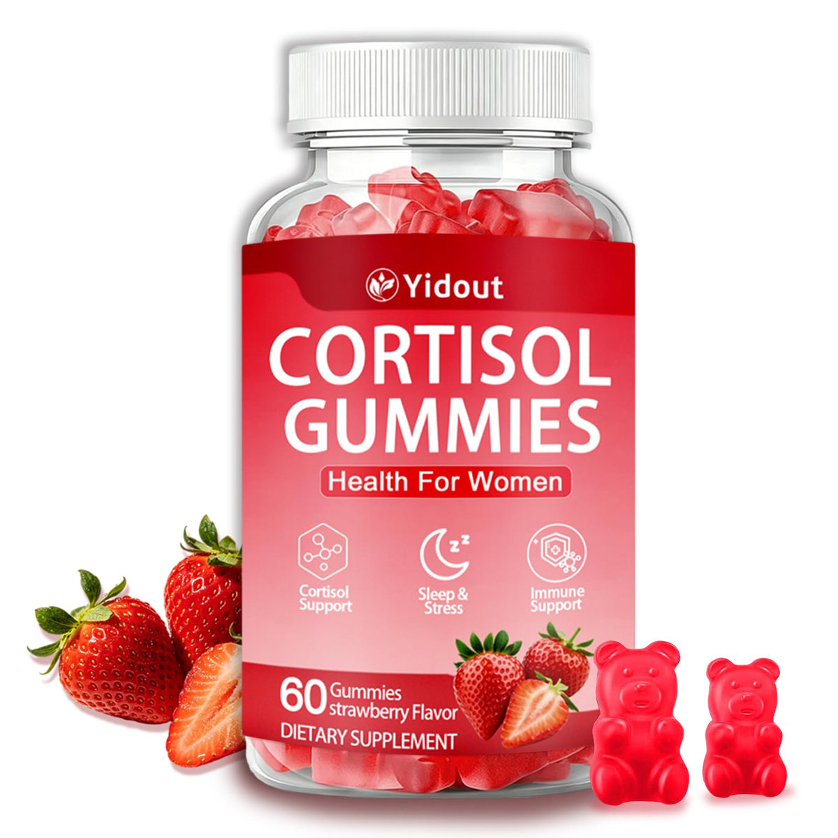 Yidout Cortisol Gummies Strawberry 60 Count front view