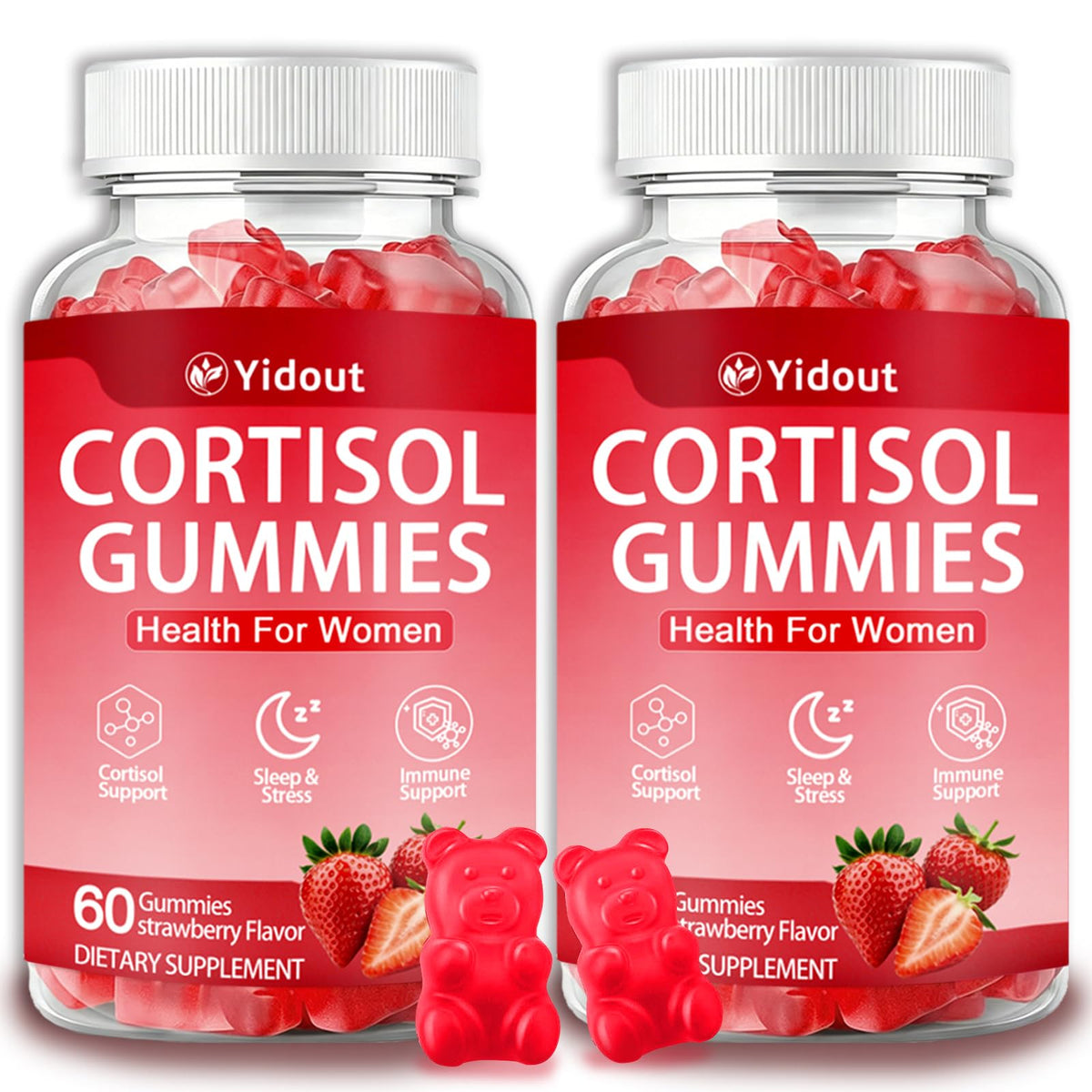 Yidout Cortisol Gummies Strawberry front view with packaging