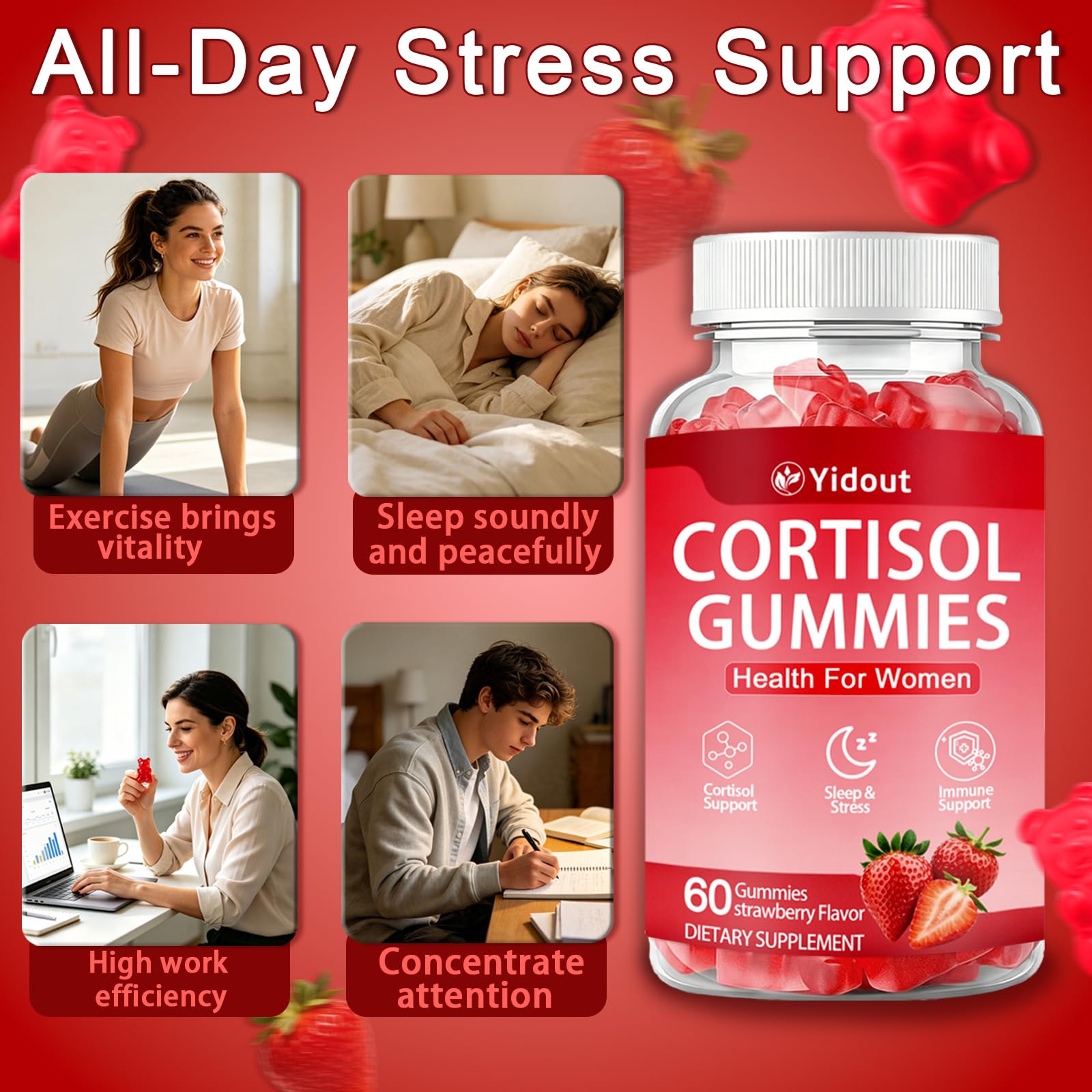 Yidout Cortisol Gummies Strawberry gummies in a bowl