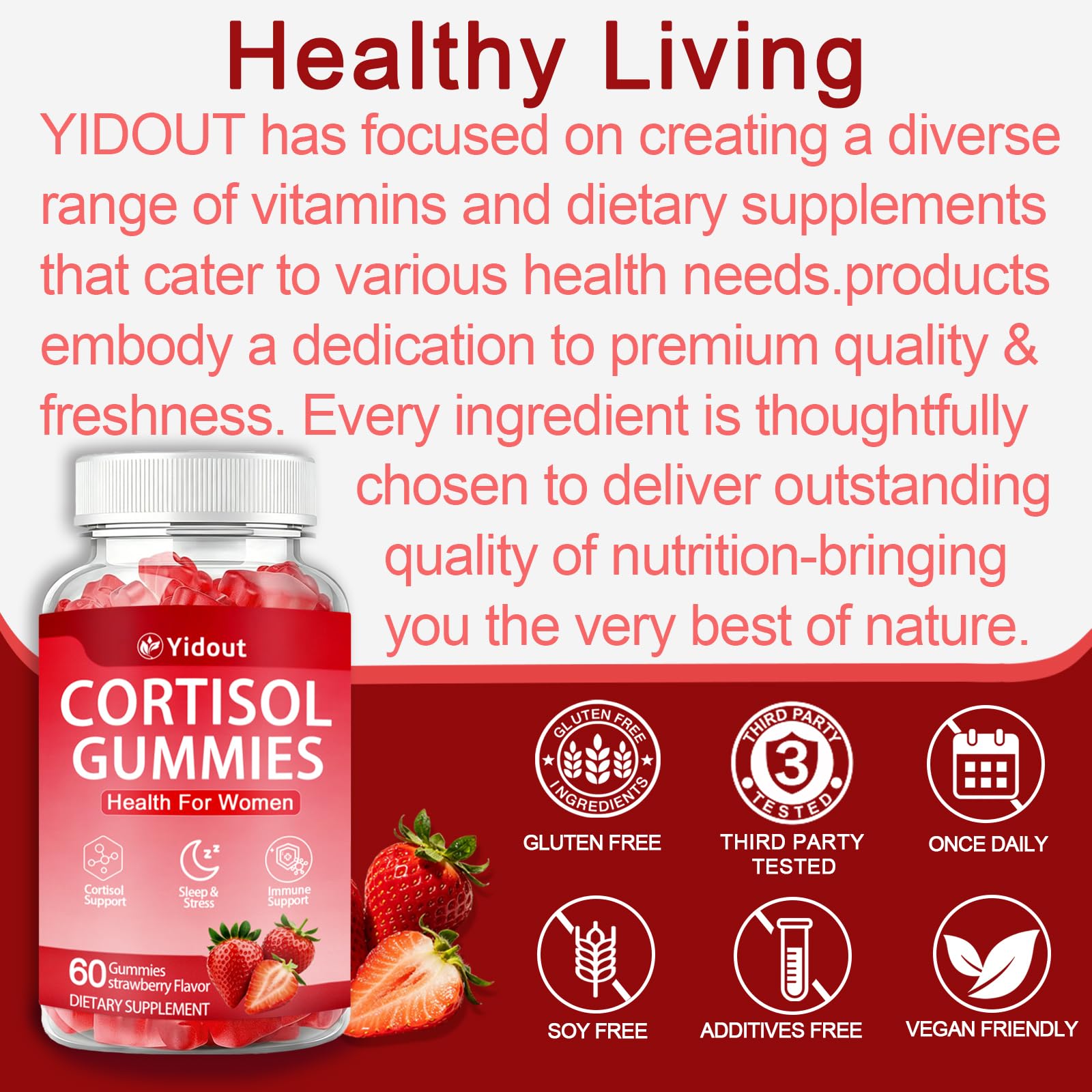 Yidout Cortisol Gummies Strawberry lifestyle scene on a table