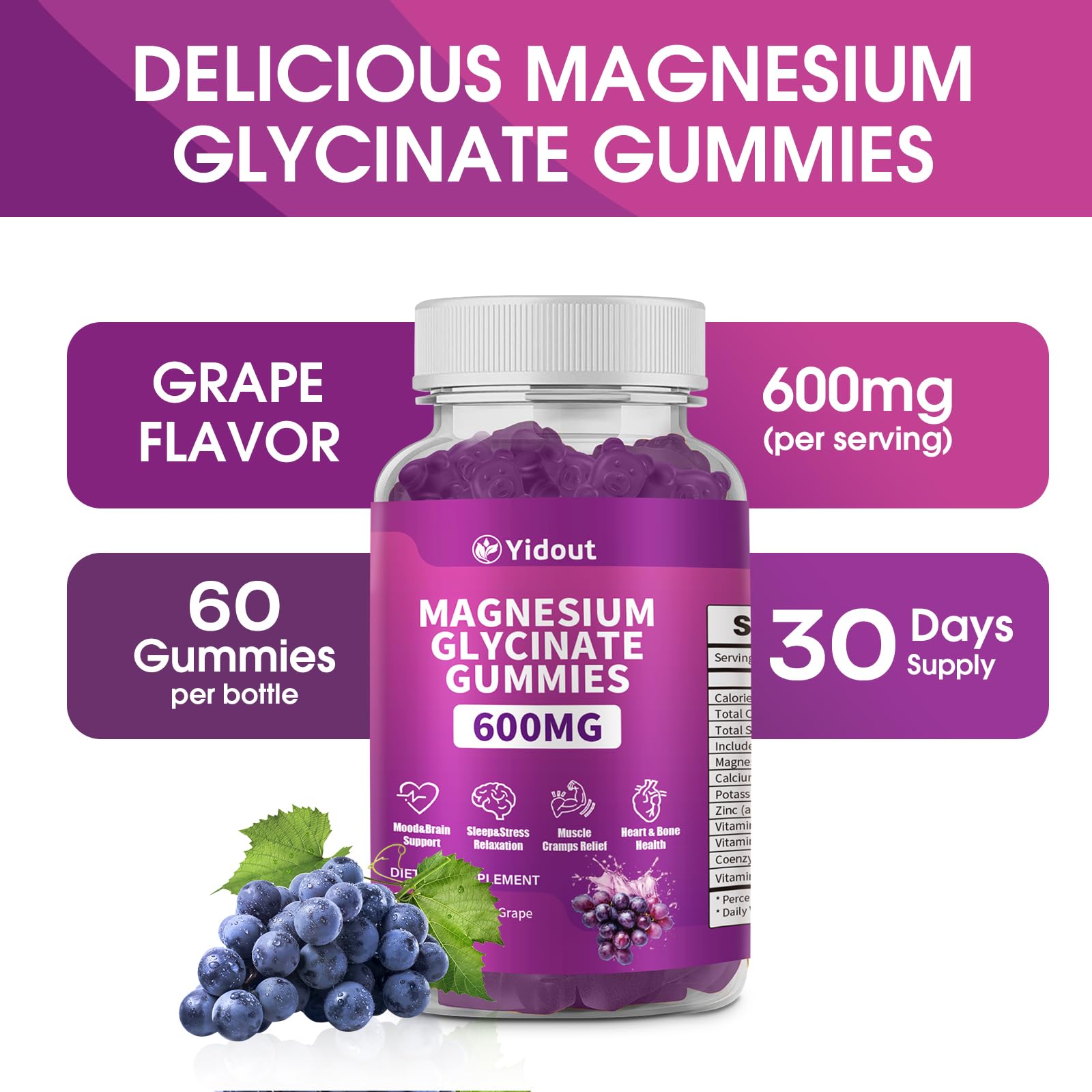 Yidout Magnesium Glycinate Gummies nutritional information on packaging