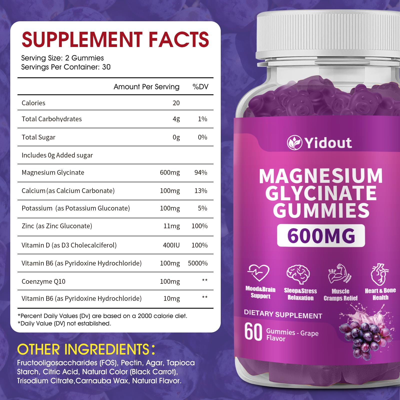 Yidout Magnesium Glycinate Gummies showing grape flavour
