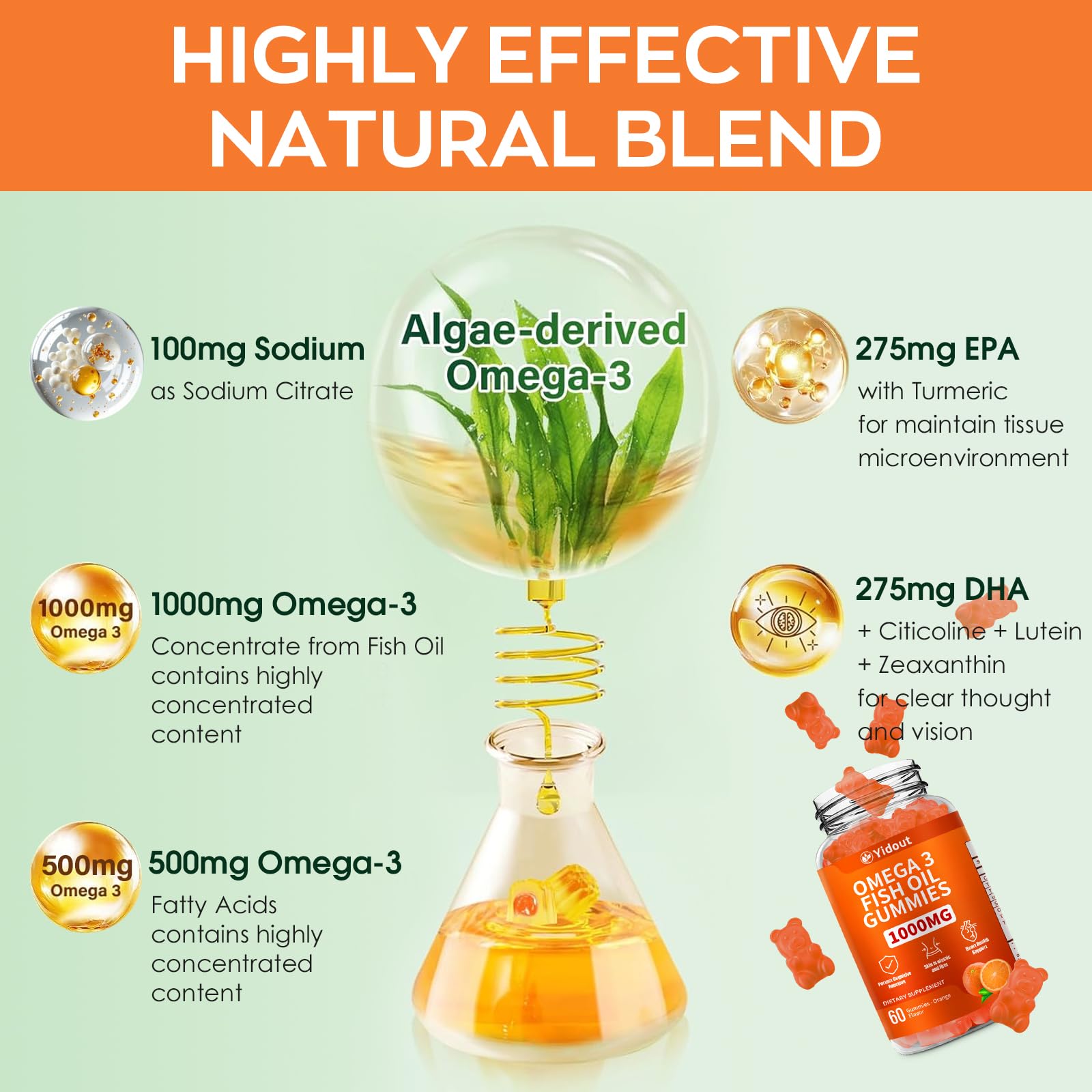 Yidout Omega-3 Fish Oil Gummies with a spoonful of gummies