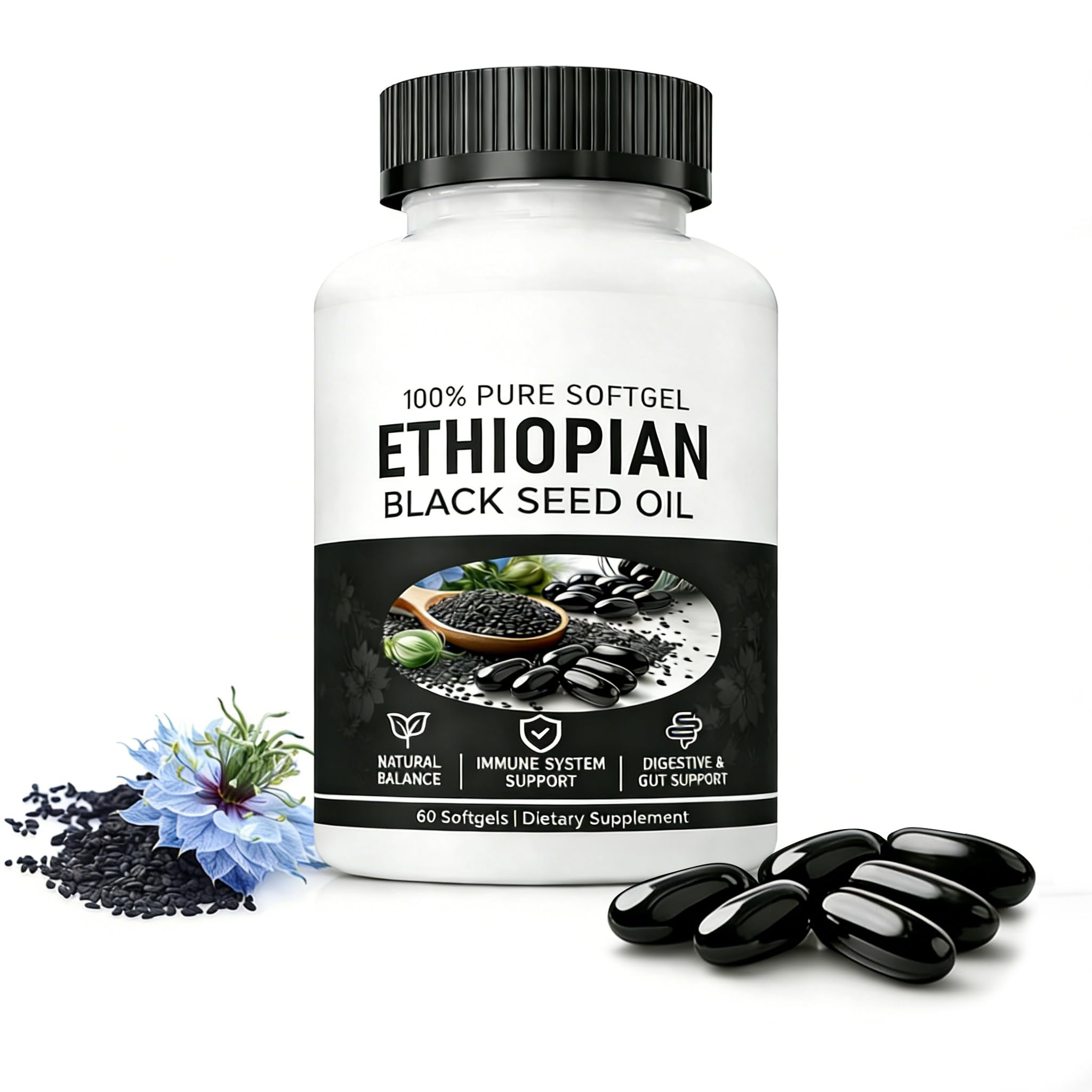 Yiishuiil Black Seed Oil Capsules 60 softgels bottle front view