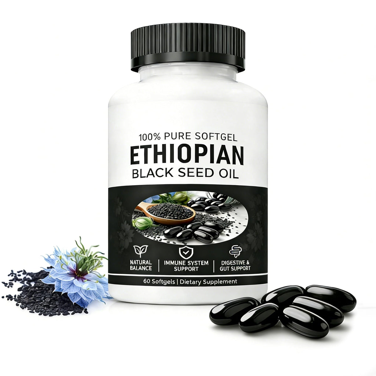 Yiishuiil Black Seed Oil Capsules 60 softgels bottle front view