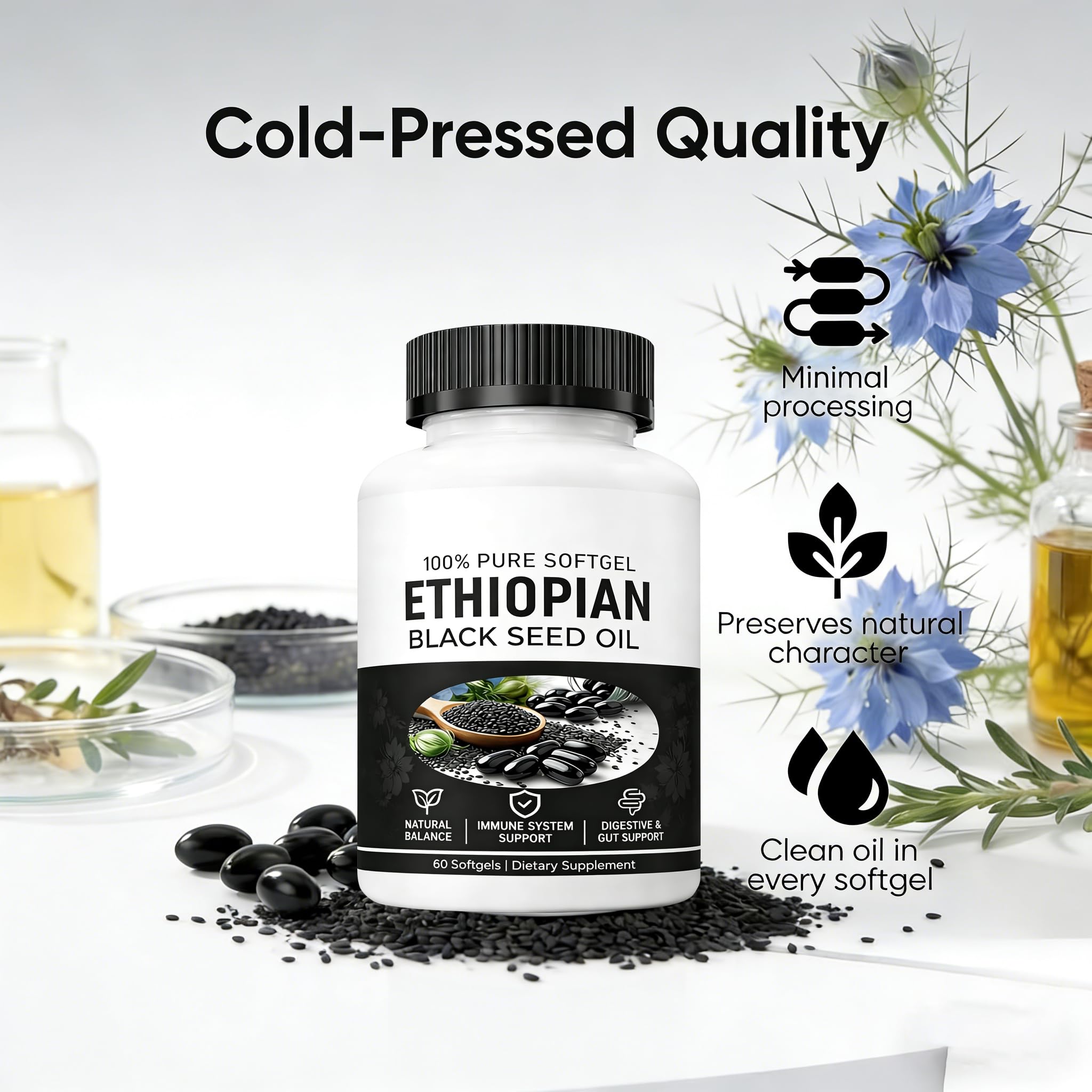 Yiishuiil Black Seed Oil Capsules displayed with natural elements