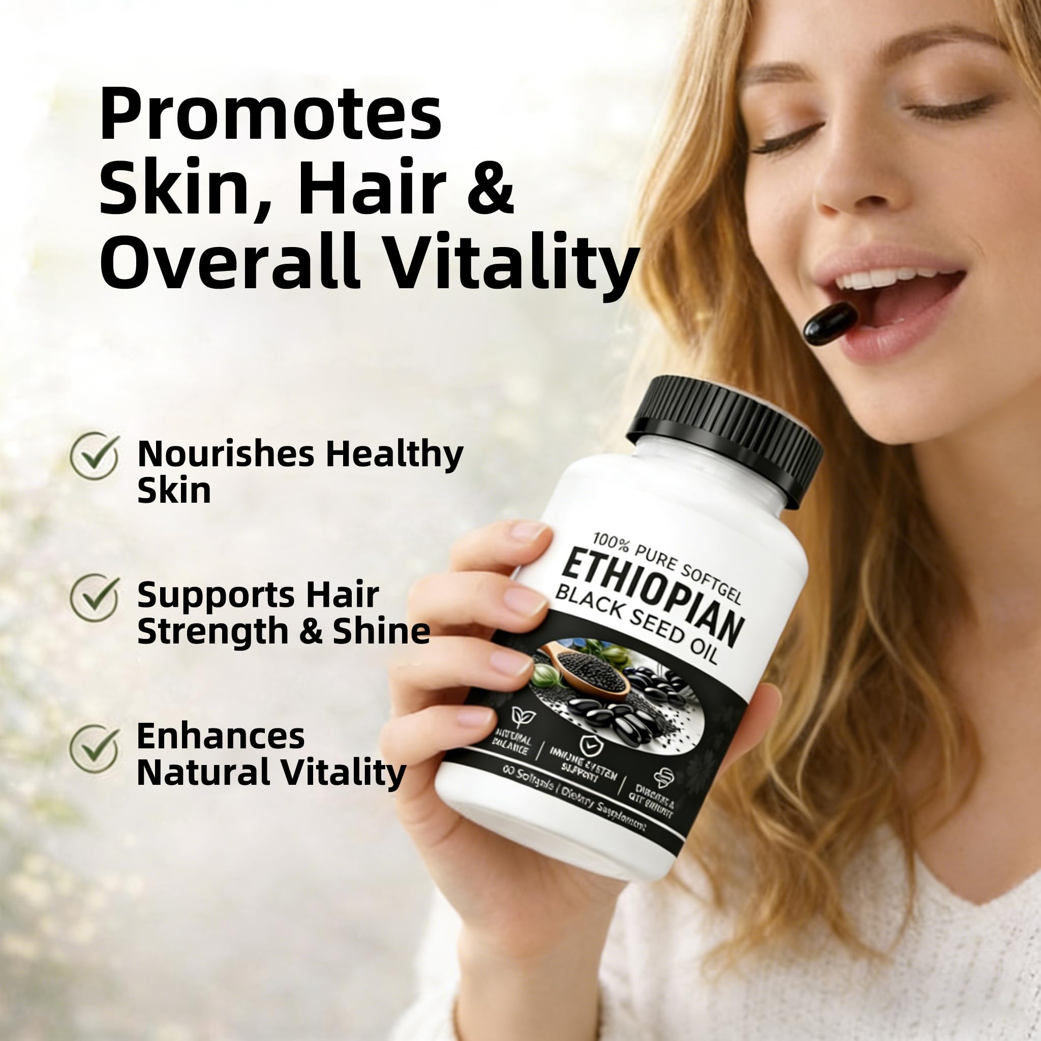 Yiishuiil Black Seed Oil Capsules showing softgel size