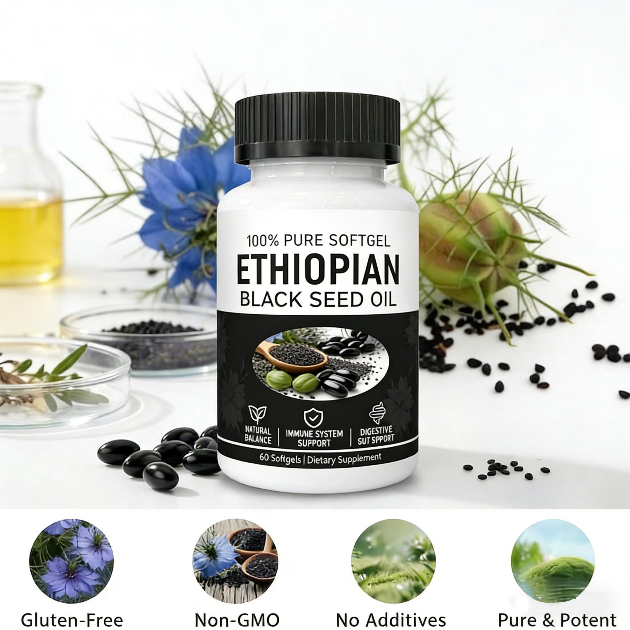 Yiishuiil Black Seed Oil Capsules with measuring spoon