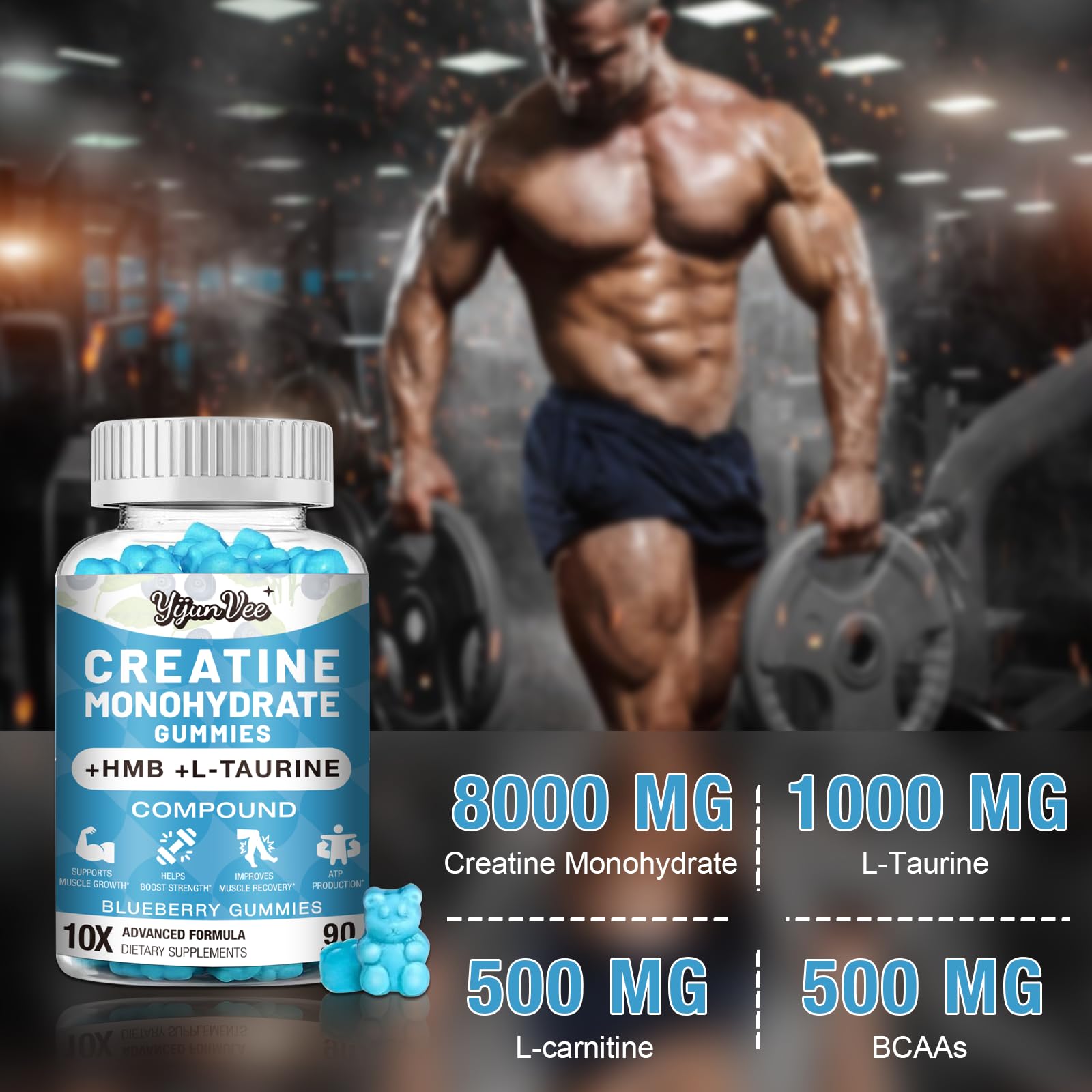 YijunVee Creatine HMB Gummies blue raspberry flavour close-up