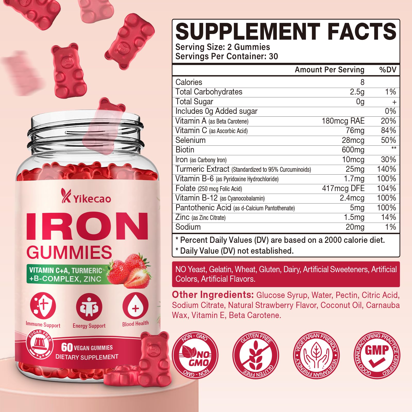 Yikecao Iron Gummies natural strawberry flavour close-up
