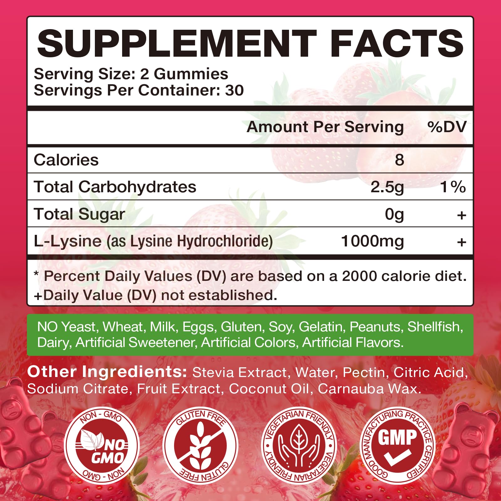 Yikecao L-Lysine Gummies 1000mg strawberry flavour bottle side view
