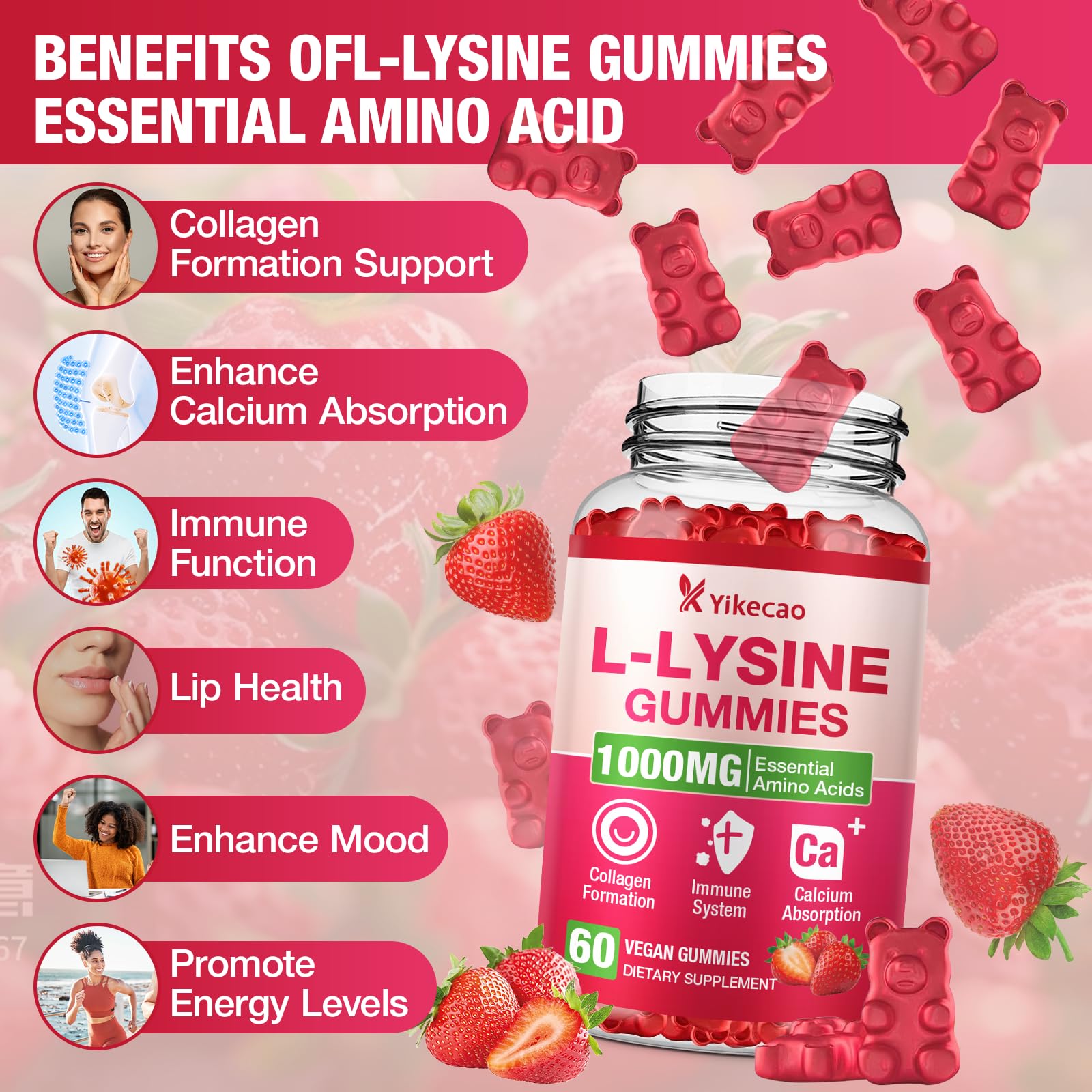 Yikecao L-Lysine Gummies 1000mg strawberry flavour gummies close-up