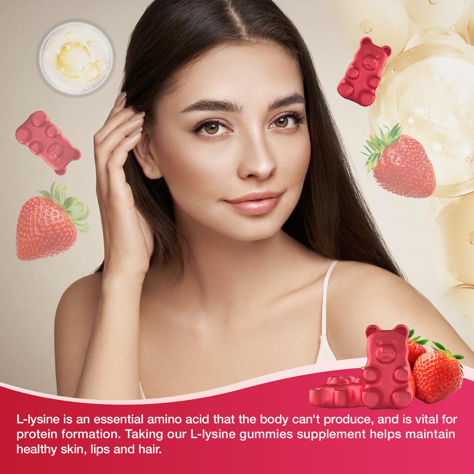 Yikecao L-Lysine Gummies 1000mg strawberry flavour in a bowl