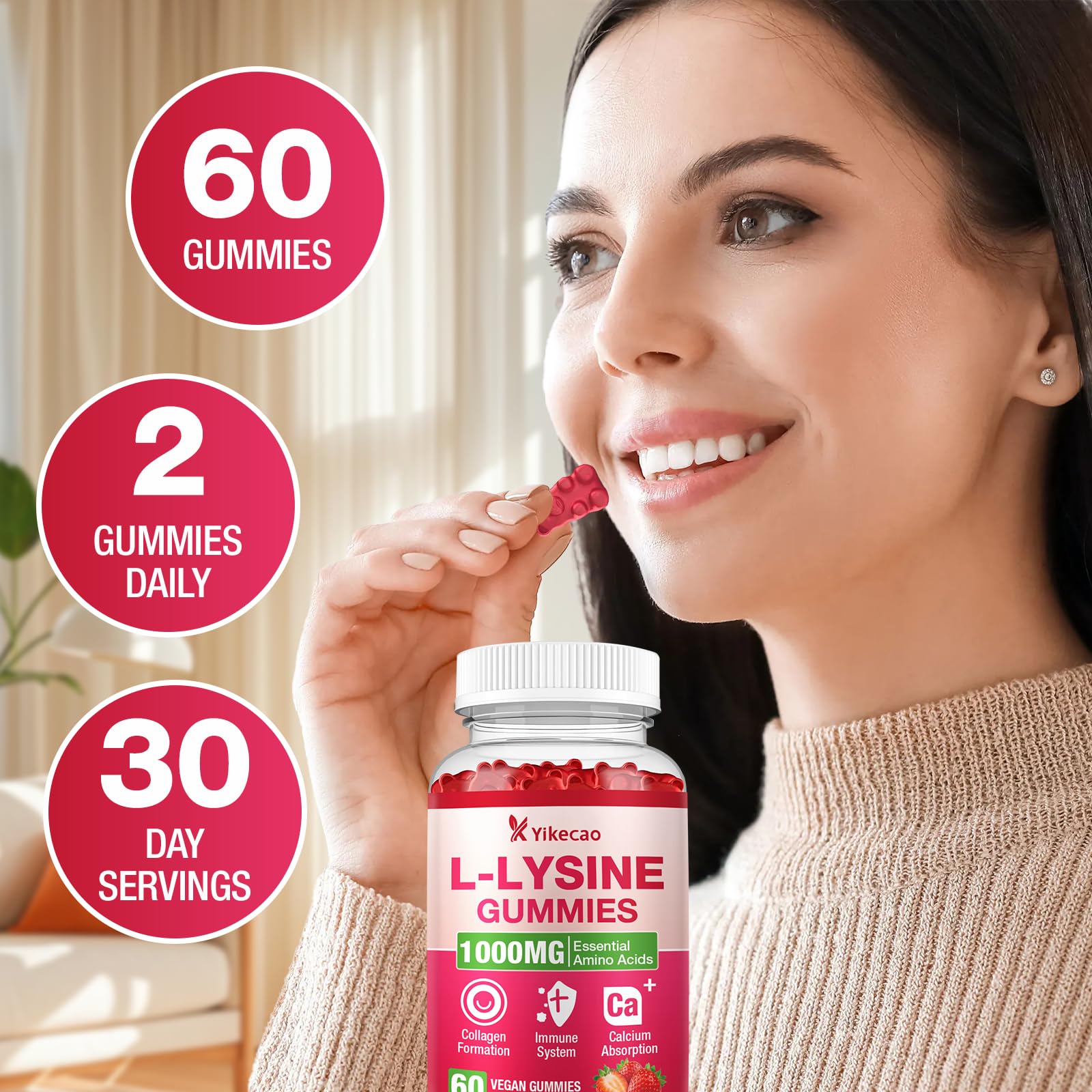 Yikecao L-Lysine Gummies 1000mg strawberry flavour on a wooden table