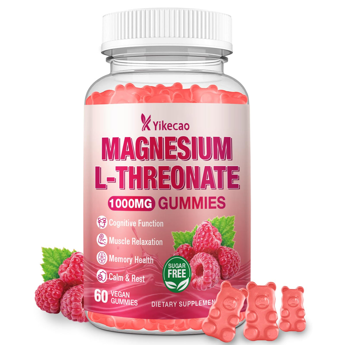 Yikecao Magnesium L-Threonate Gummies 1000MG raspberry flavour front view