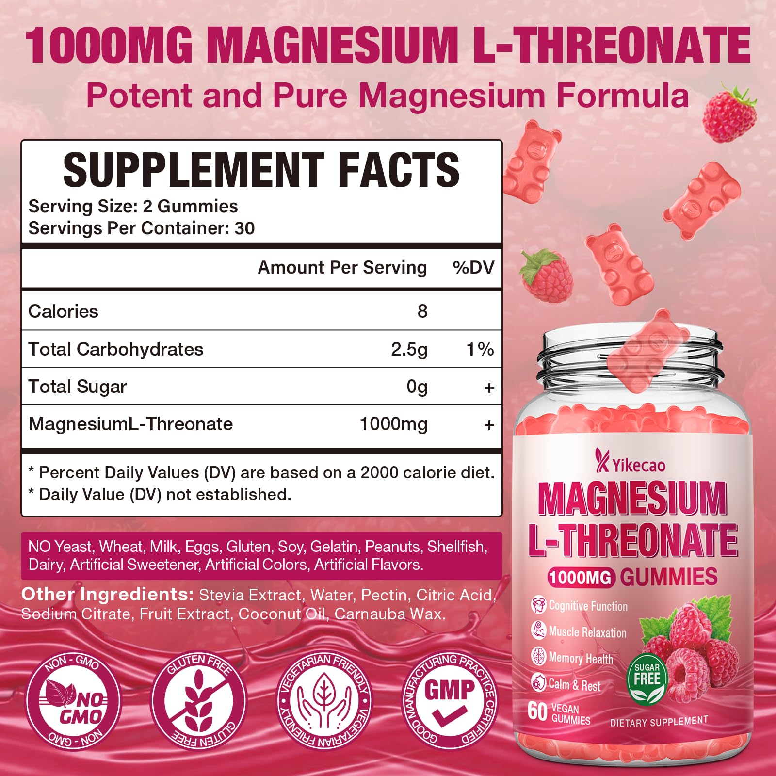 Yikecao Magnesium L-Threonate Gummies packaging with nutritional information