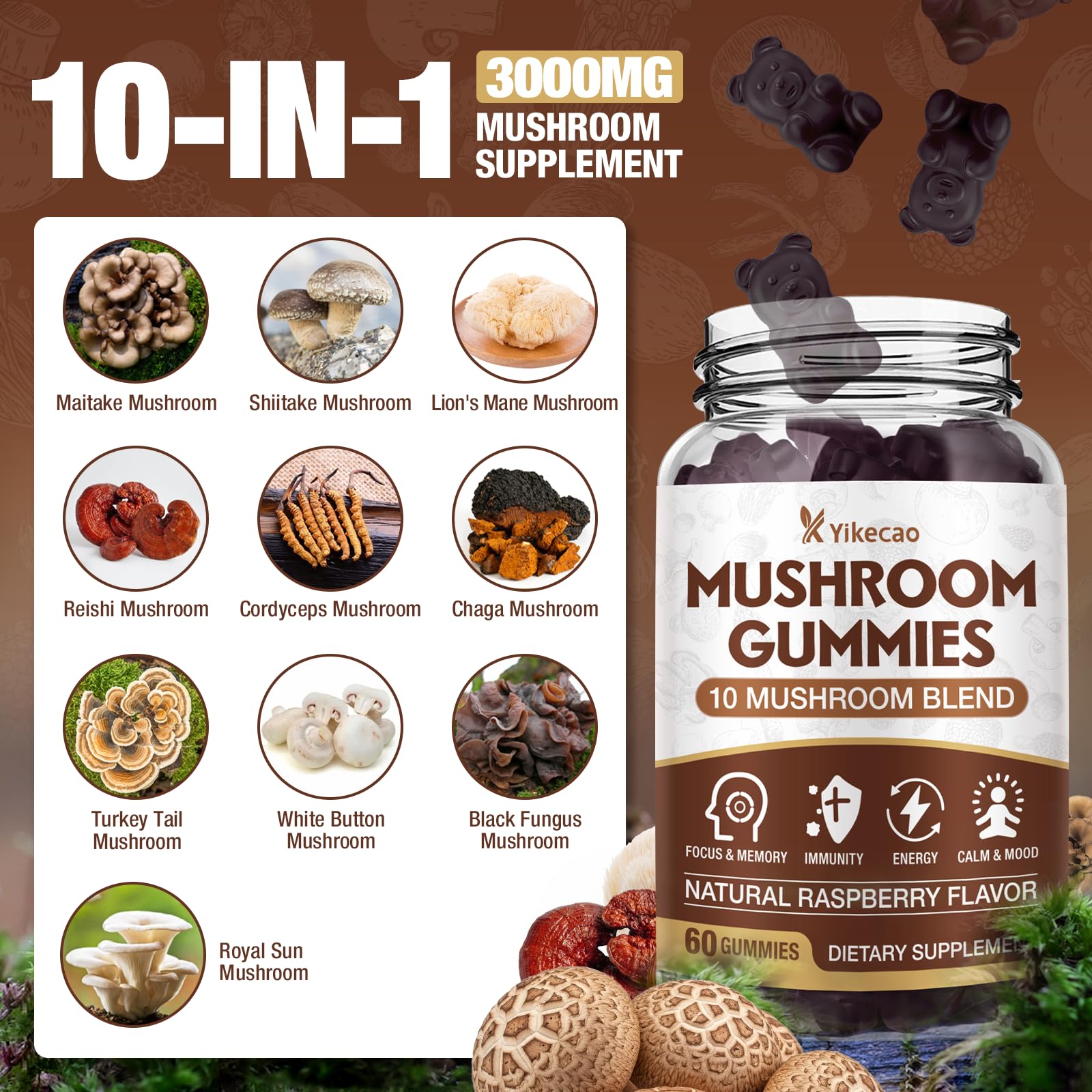 Yikecao Mushroom Gummies close-up of raspberry flavour