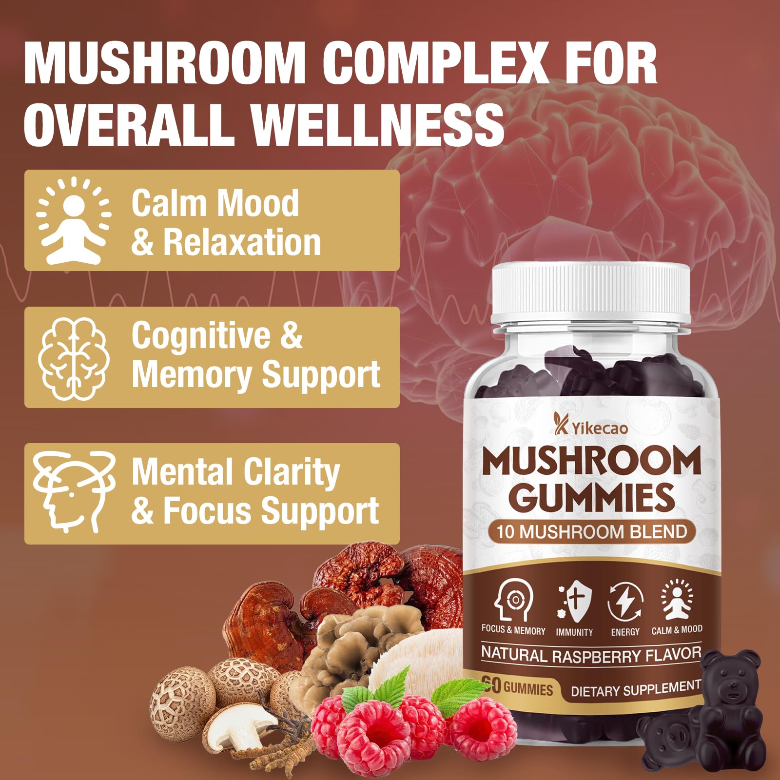 Yikecao Mushroom Gummies side view showing ingredients