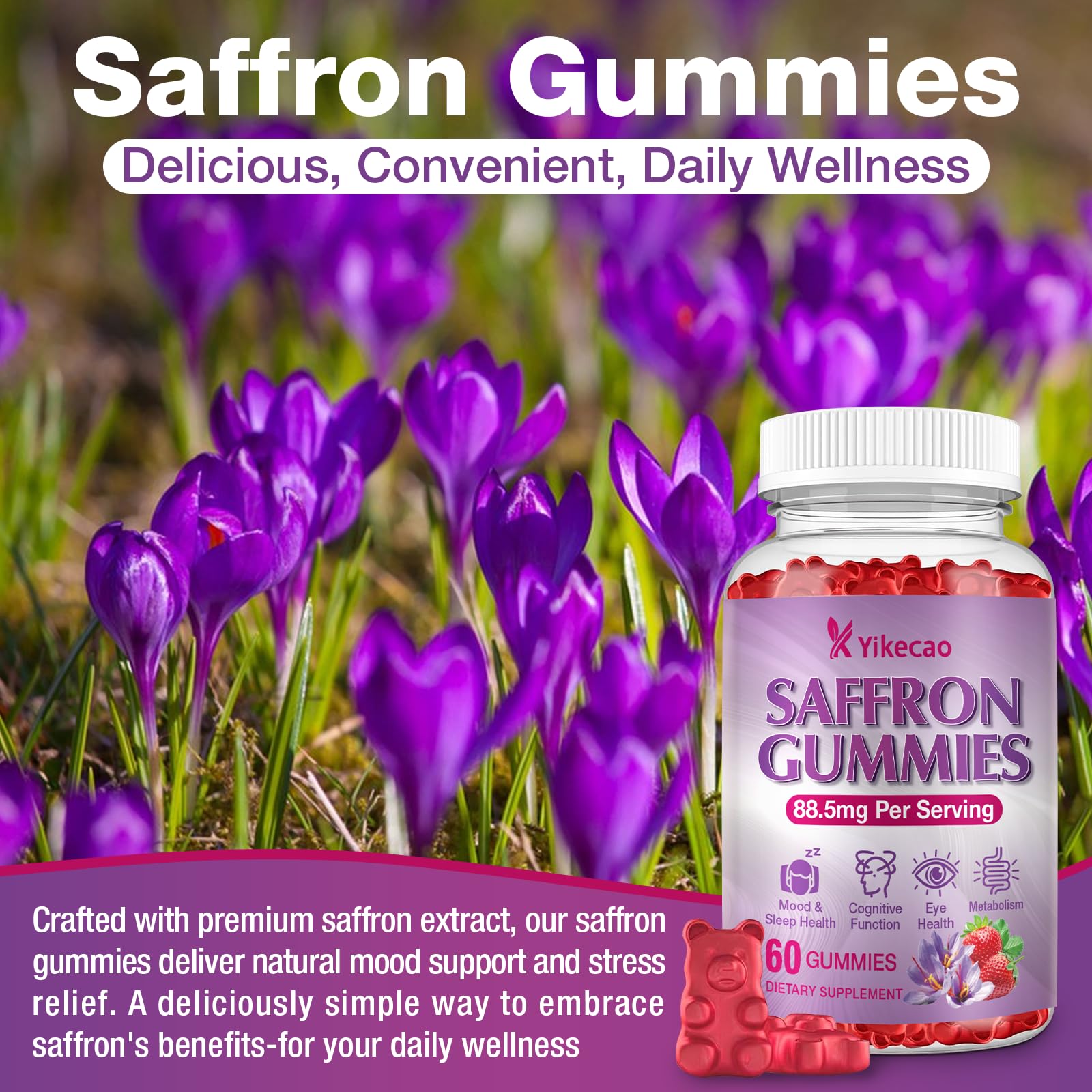 Yikecao Saffron Gummies back view with nutritional information