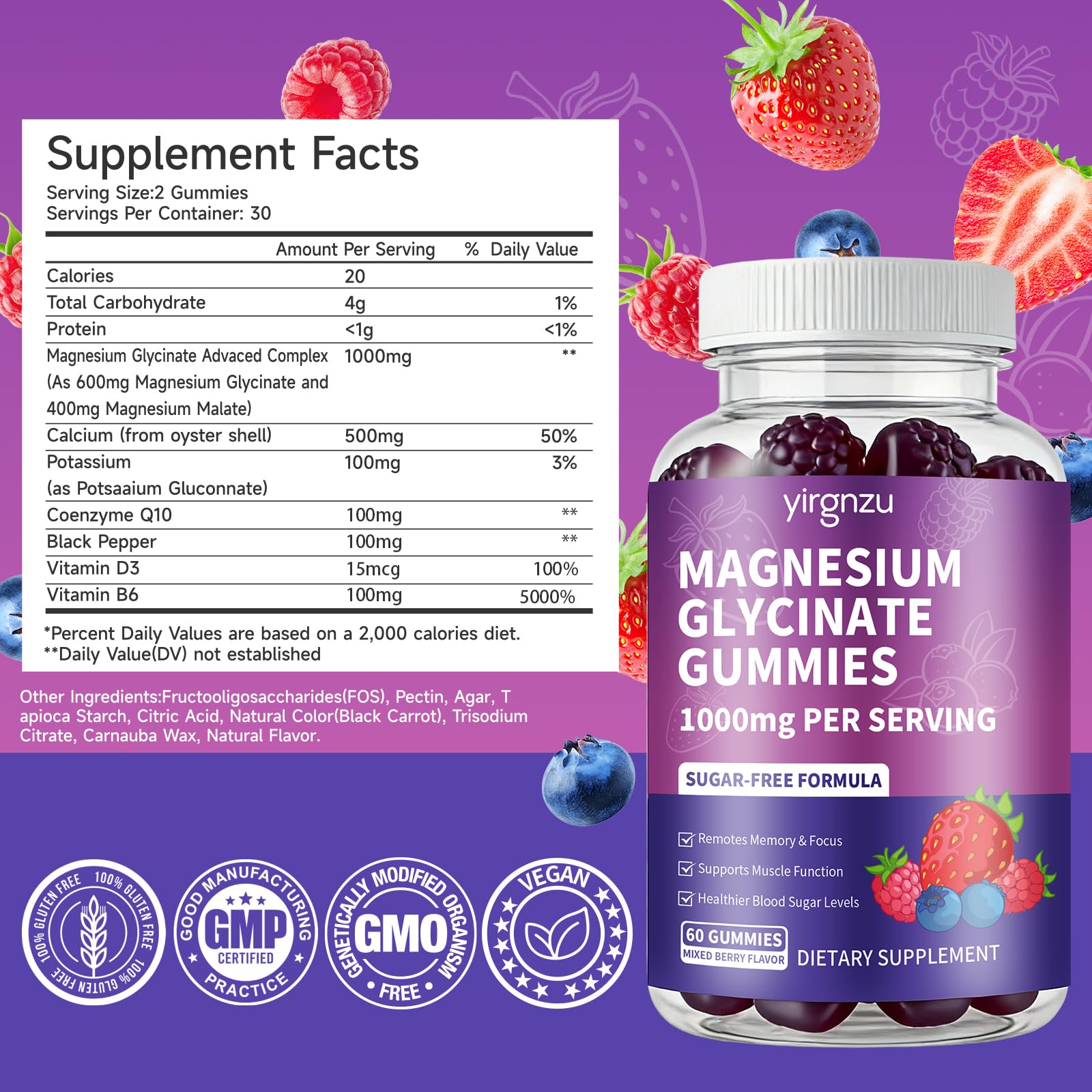yirgnzu Magnesium Glycinate Gummies showing mixed berry flavour