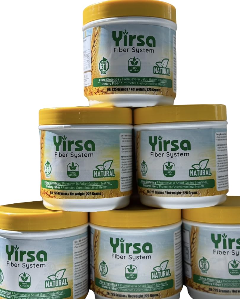 Yirsa Fiber System 225g with a glass of water and a smoothie