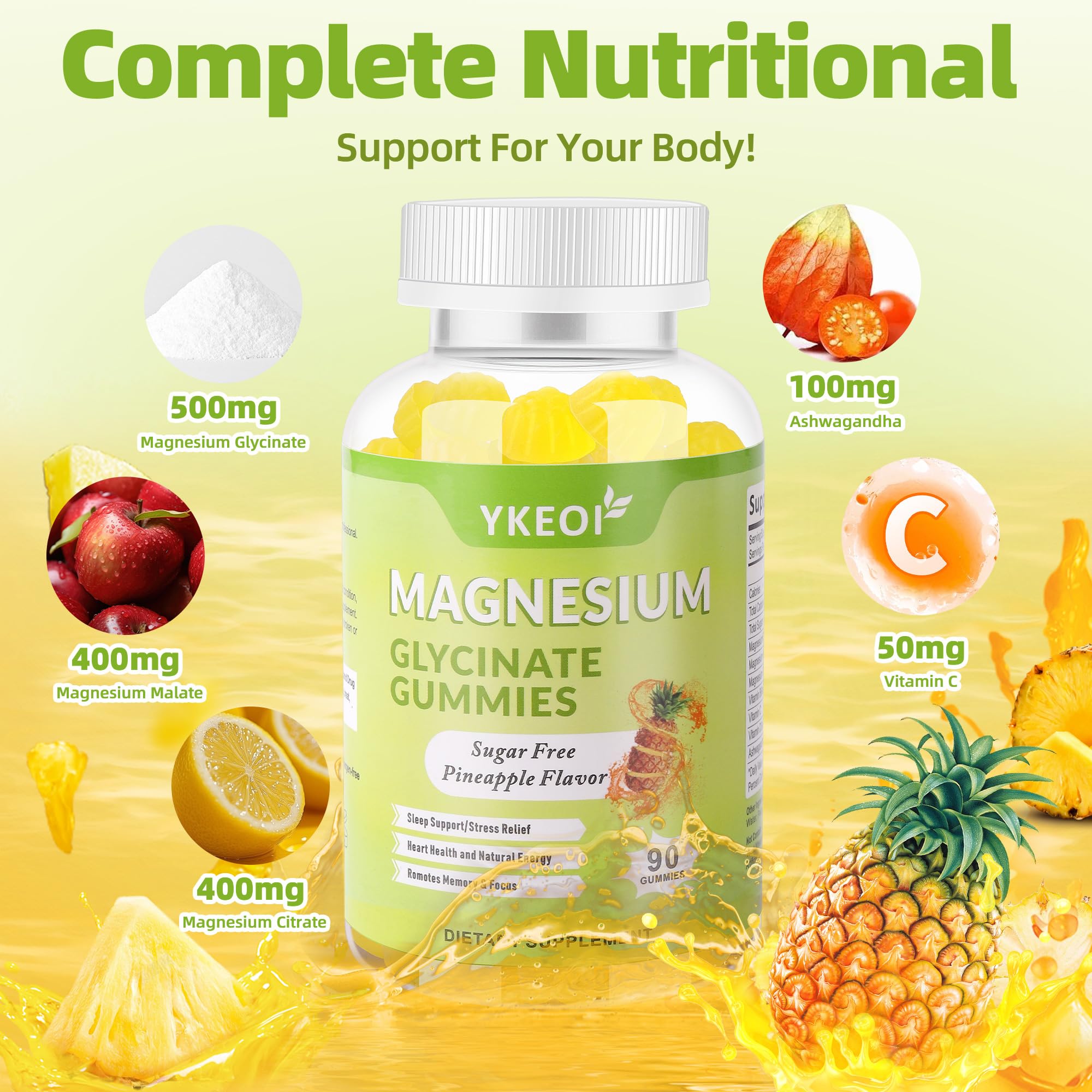YKEOI Magnesium Gummies with Ashwagandha on a wooden table