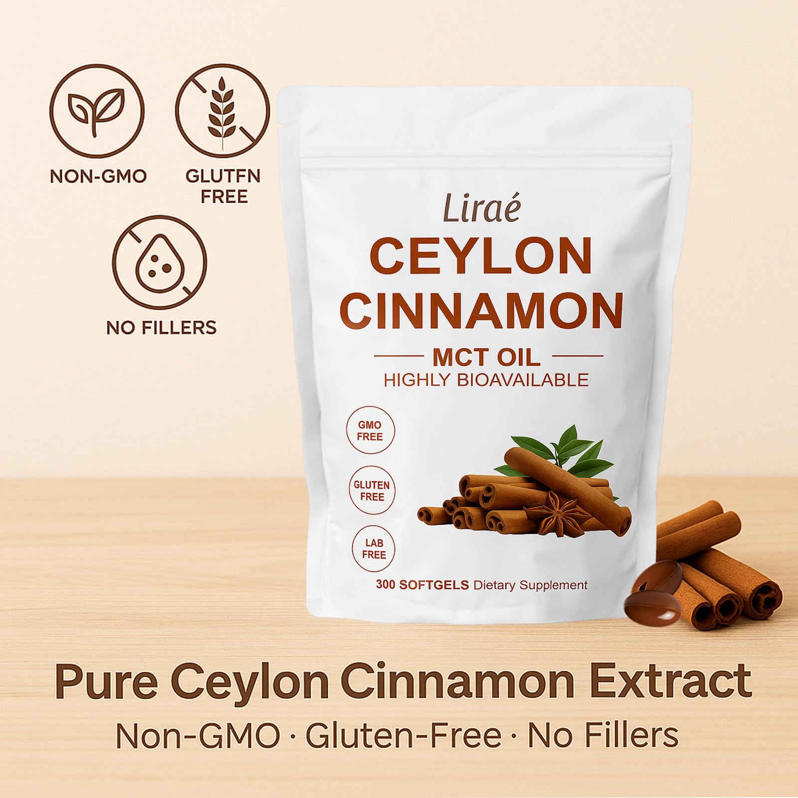 YLOTRE Ceylon Cinnamon Capsules 7200mg on a wooden table