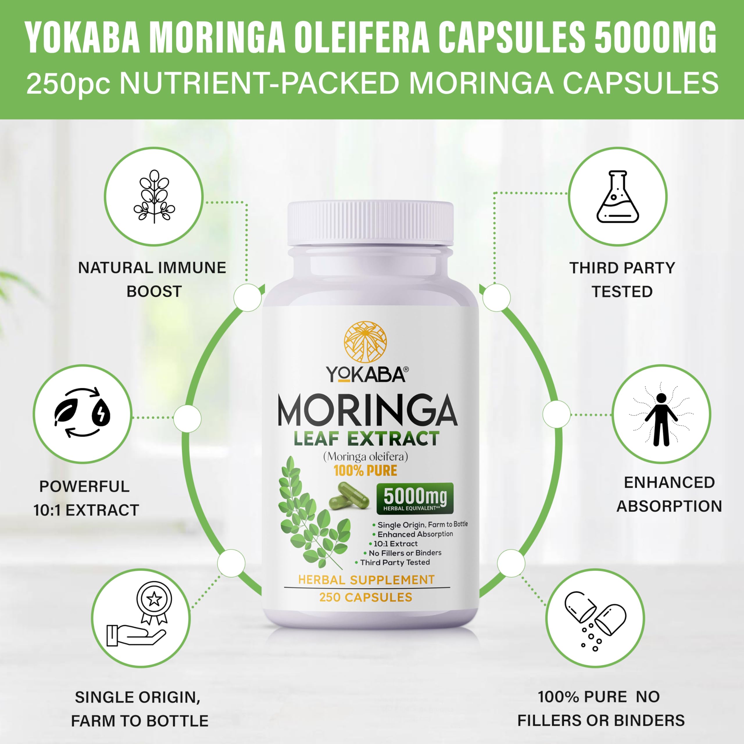 Yokaba Moringa Capsules 250 Count bottle with label