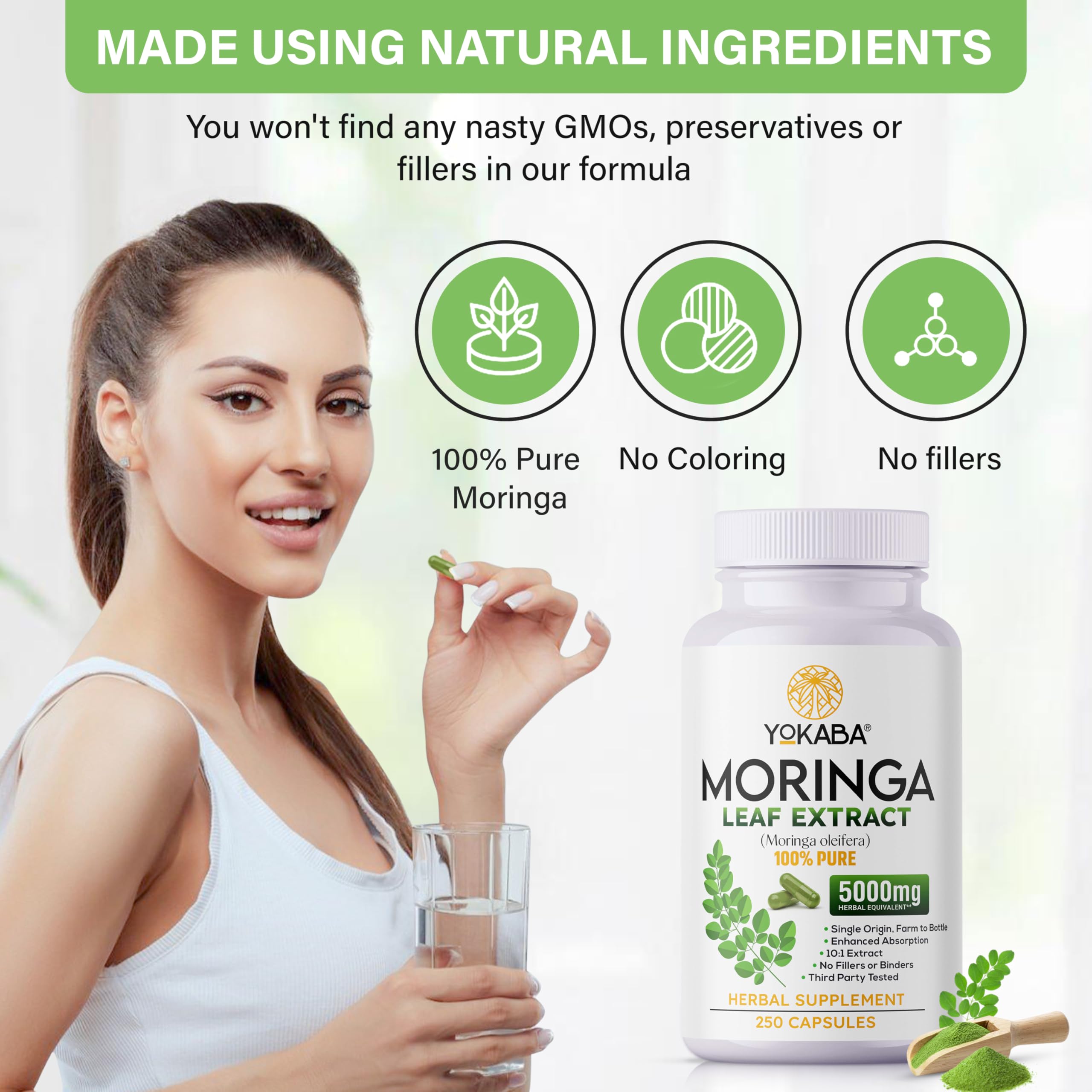 Yokaba Moringa Capsules 250 Count on a wooden table