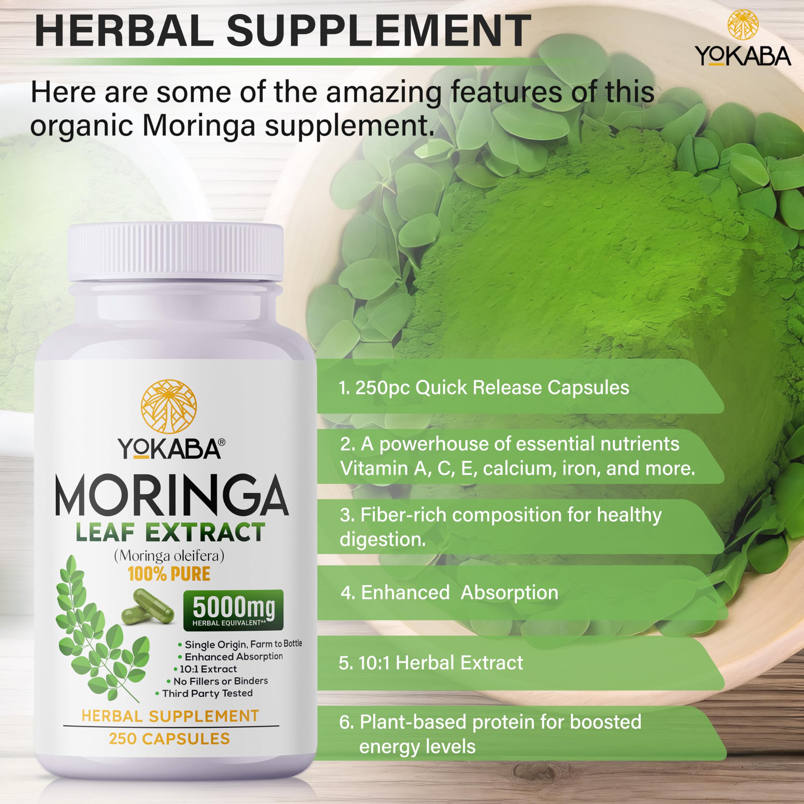 Yokaba Moringa Capsules with fresh moringa leaves