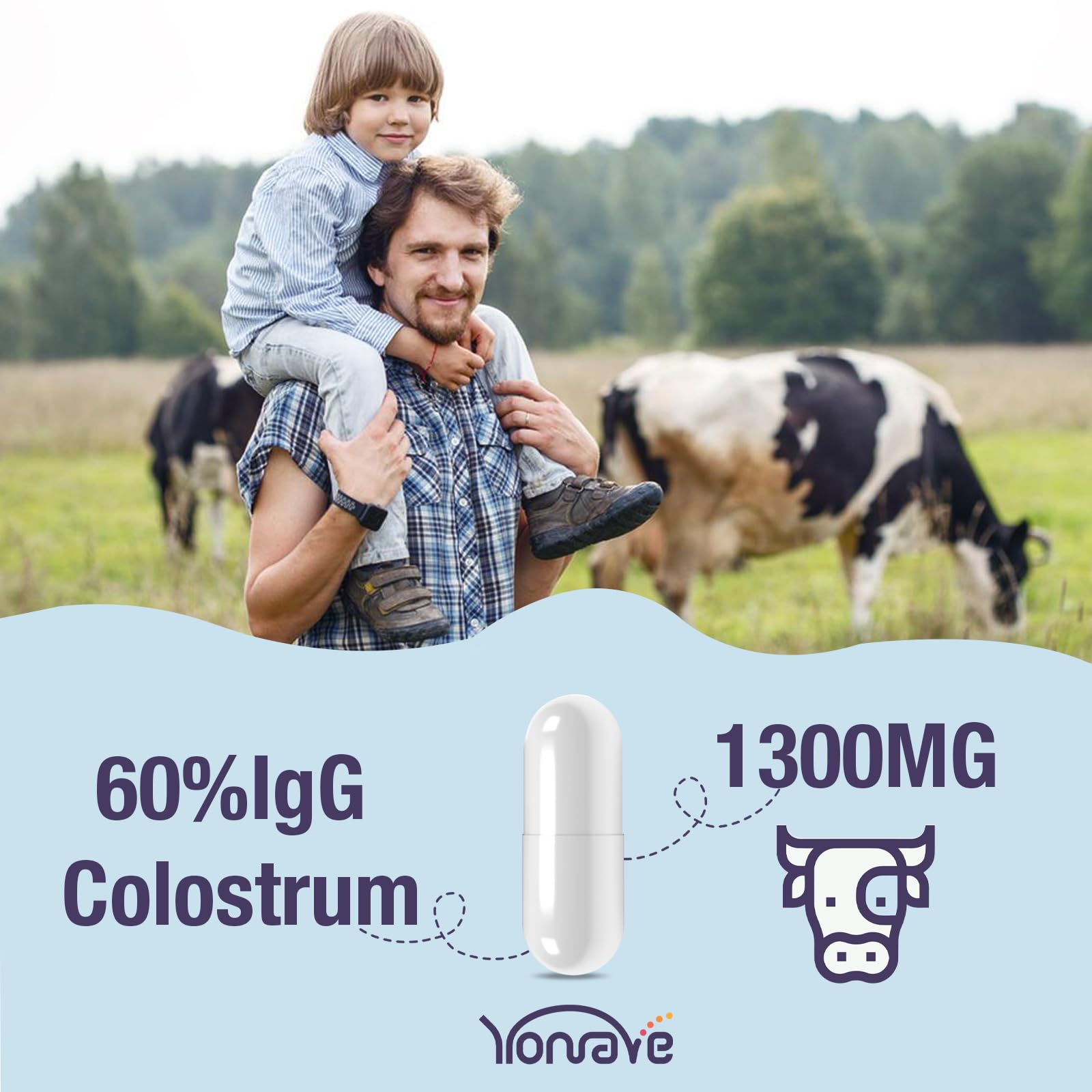 Yonrave Colostrum Capsules on a wooden table lifestyle shot