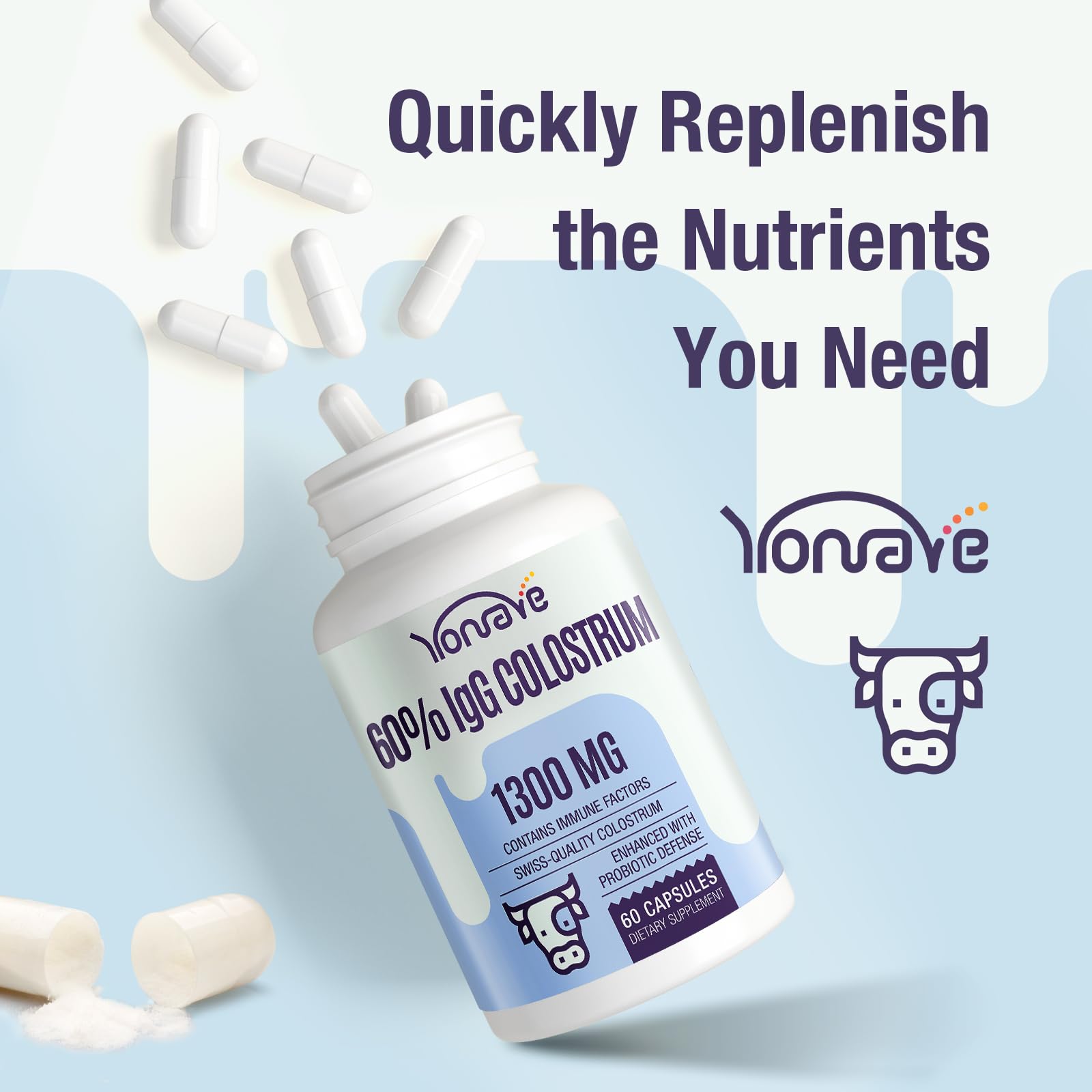 Yonrave Colostrum Capsules with nutrition facts label