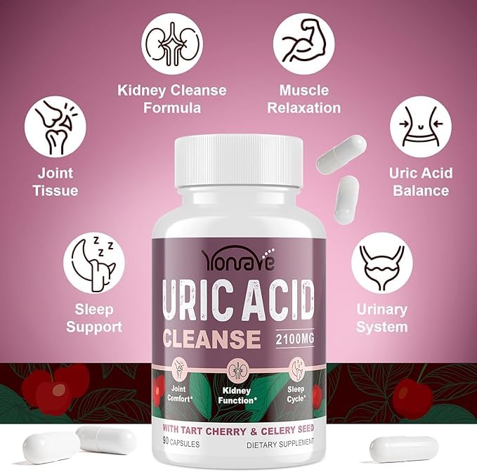 Yonrave Uric Acid Capsules bottle side view with ingredients list
