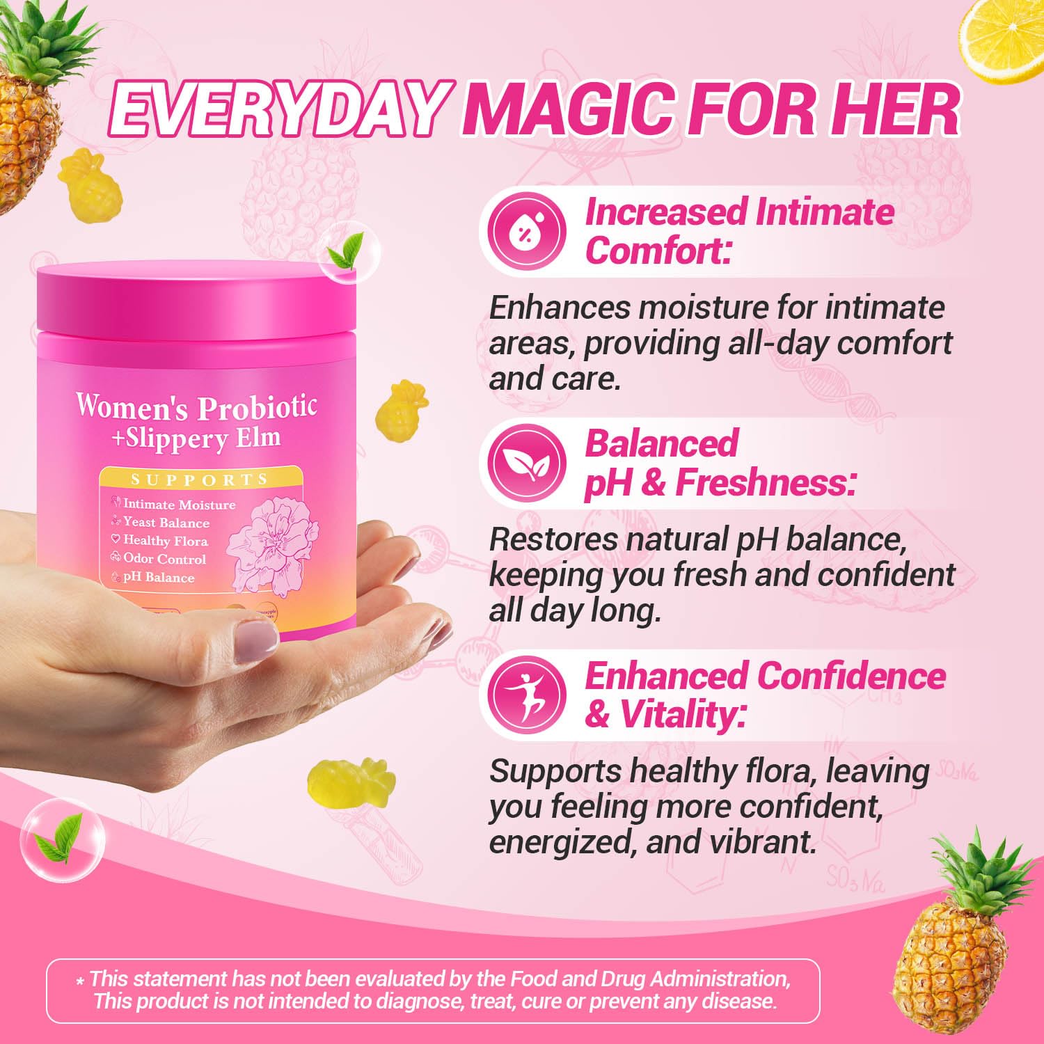 Yooloks Women's Probiotic Gummies displayed with fresh pineapple